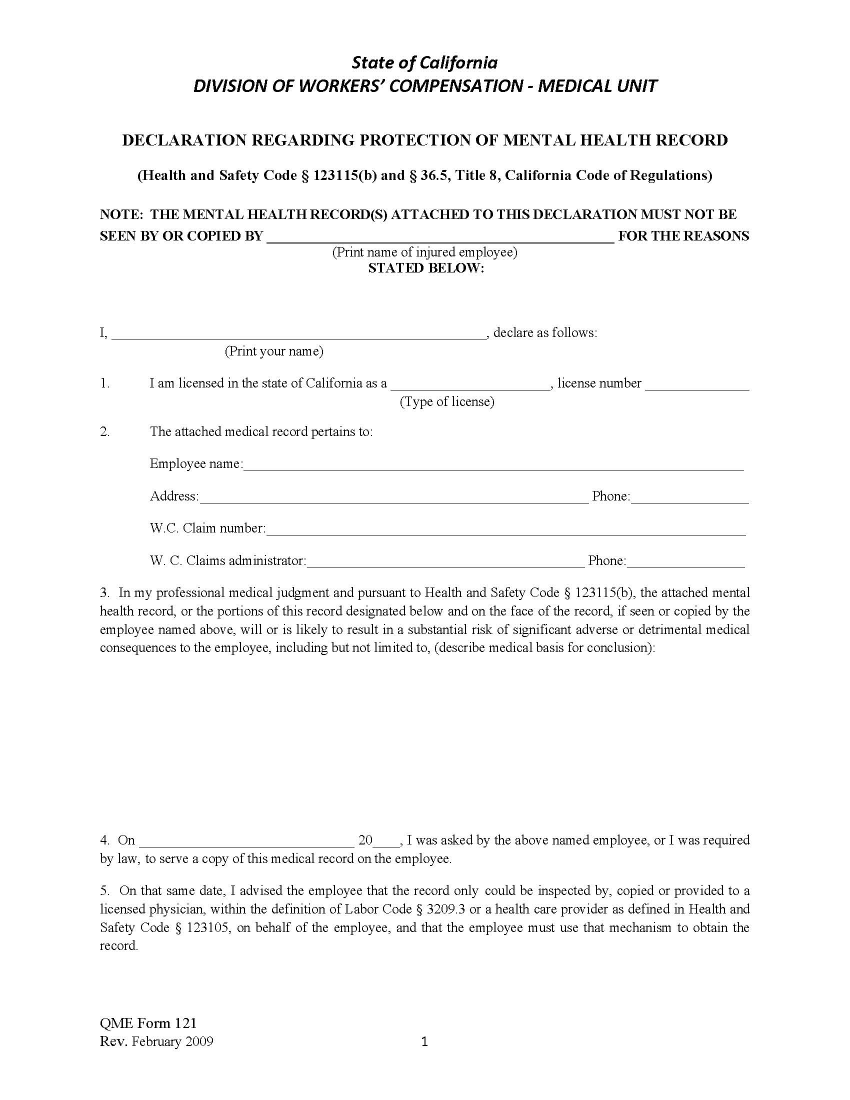 Declaration Regarding Protection Of Mental Health Record {QME 121} | Pdf Fpdf Doc Docx | California