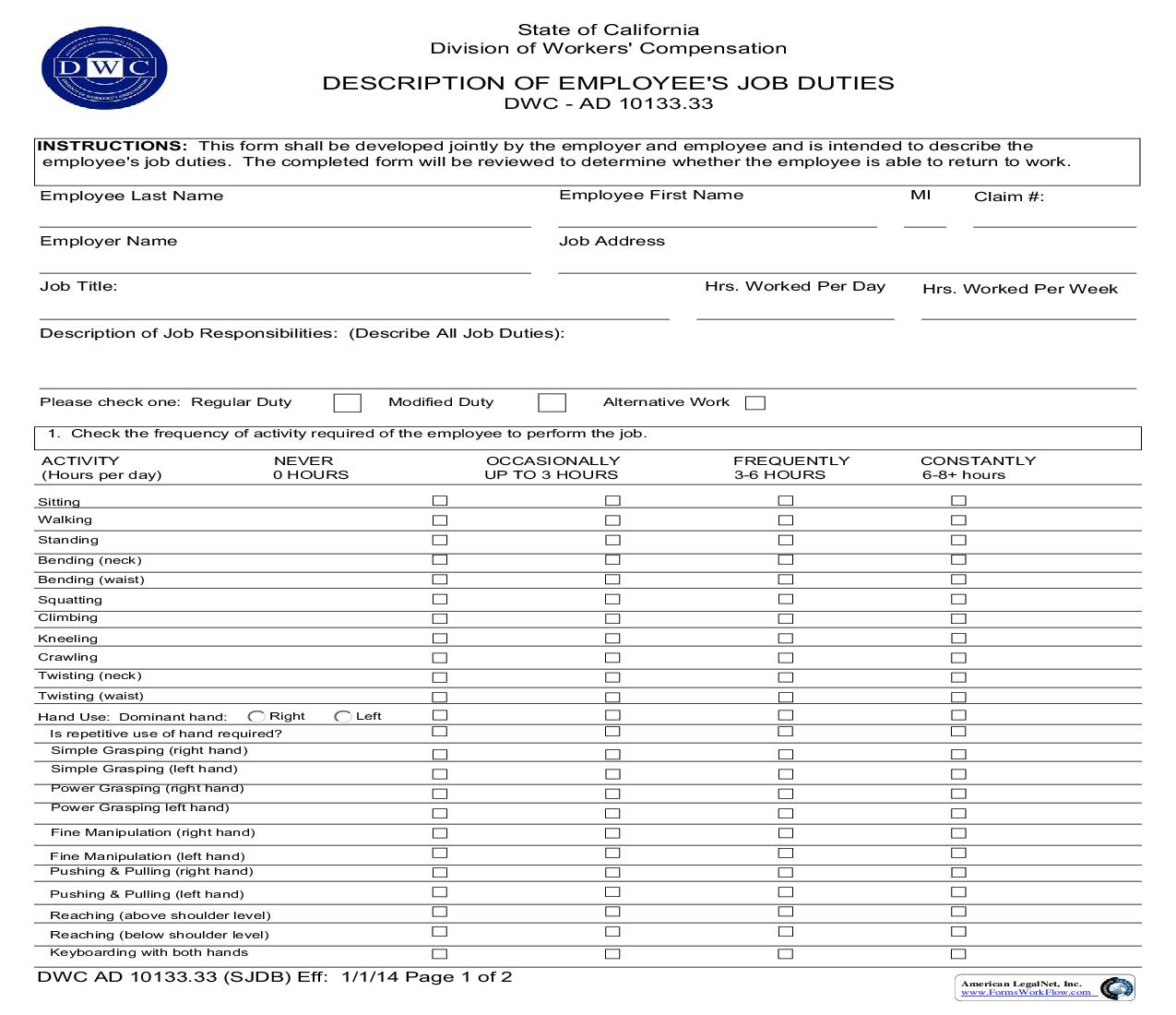 Description Of Employees Job Duties {DWC AD 10133.33} | Pdf Fpdf Doc Docx | California