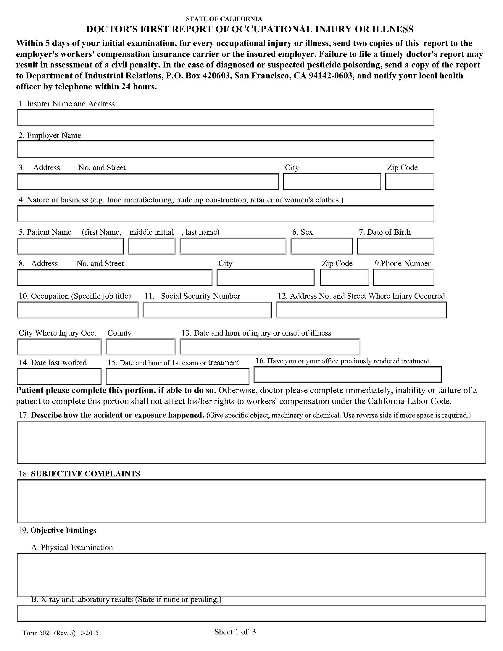 Doctors First Report Of Occupational Injury Or Illness {DLSR 5021} | Pdf Fpdf Doc Docx | California