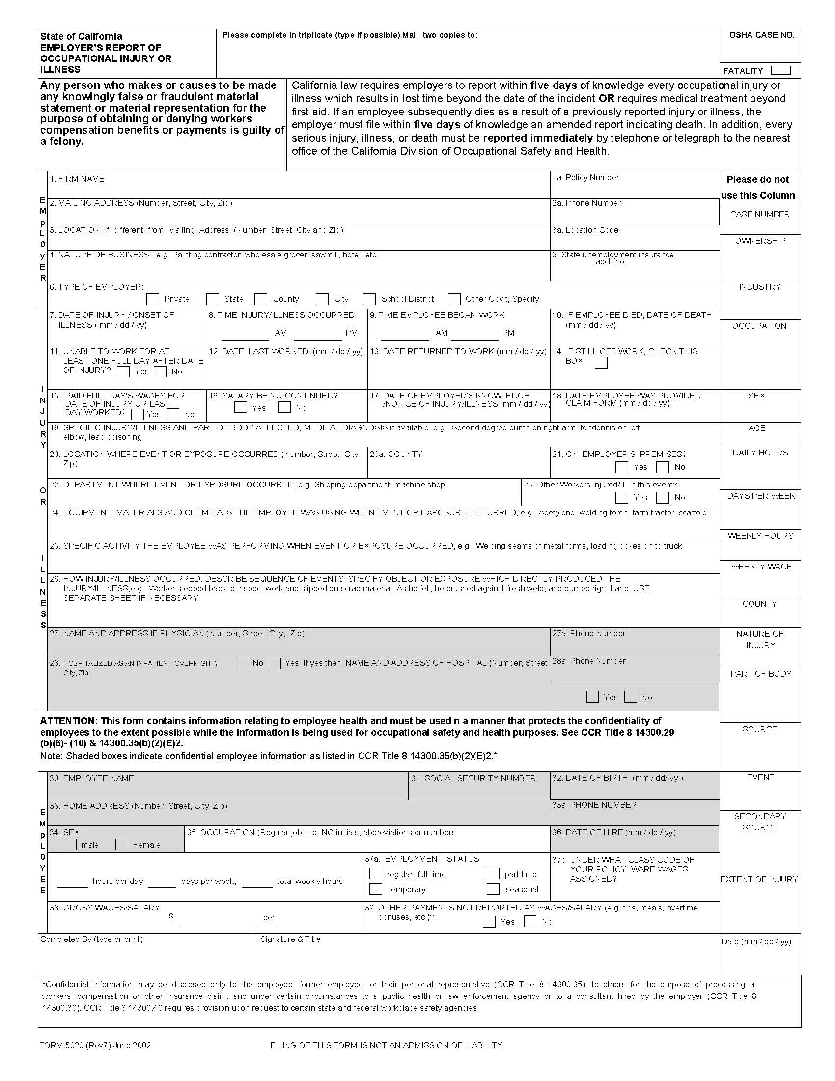 Employers Report Of Occupational Injury Or Illness {5020} | Pdf Fpdf Doc Docx | California