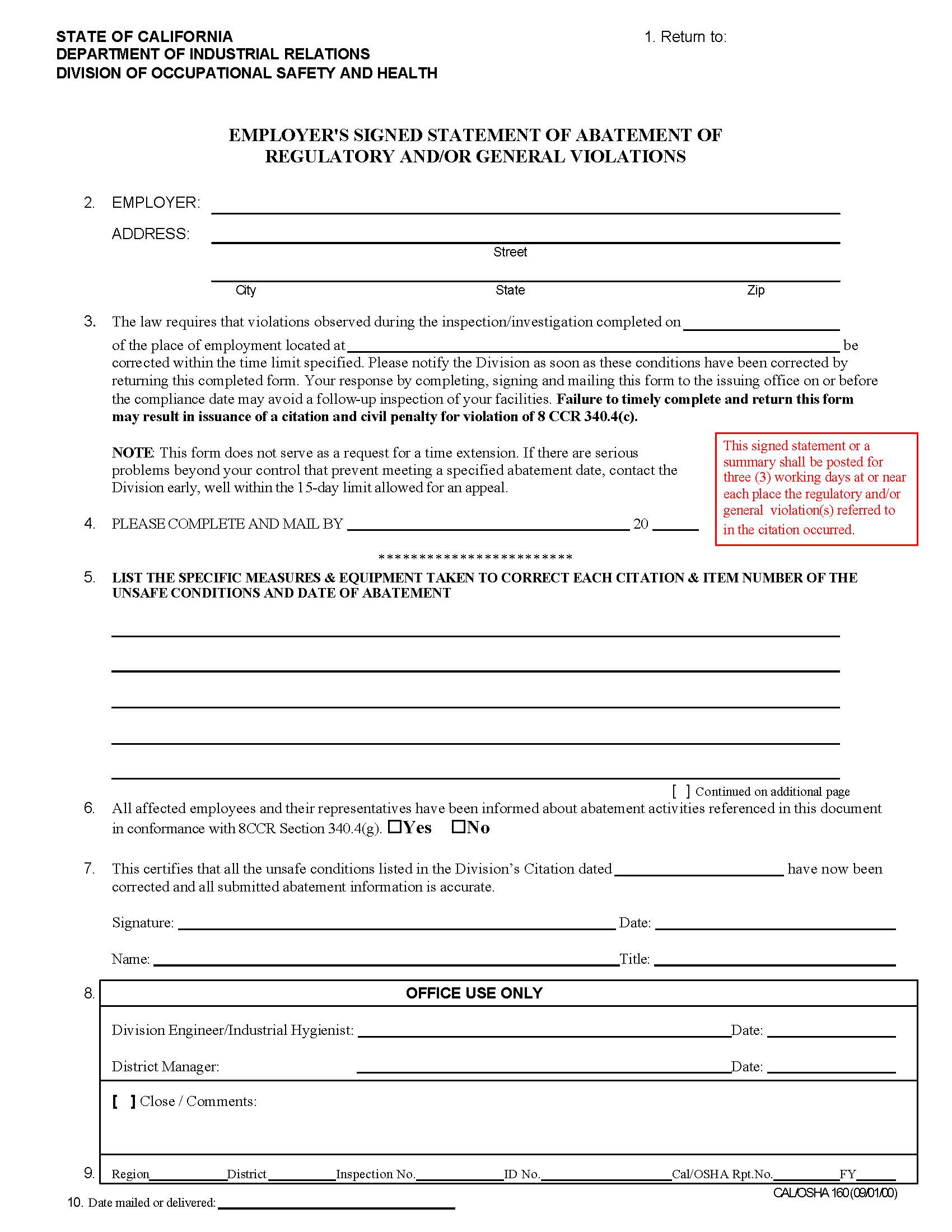 Employers Signed Statement Of Abatement Of Regulatory And-Or General Violations {CAL-OSHA 160} | Pdf Fpdf Doc Docx | California