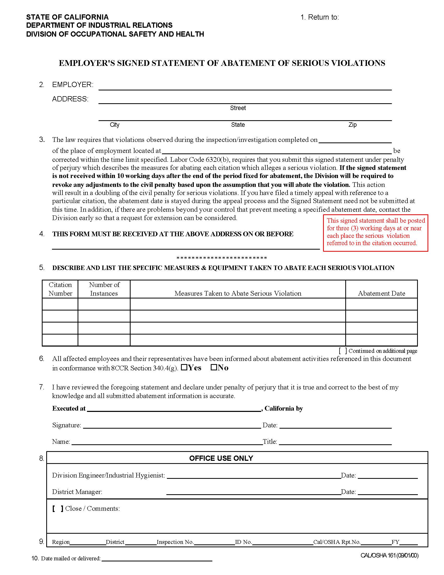 Employers Signed Statement Of Abatement Of Serious Violations {CAL-OSHA 161} | Pdf Fpdf Doc Docx | California