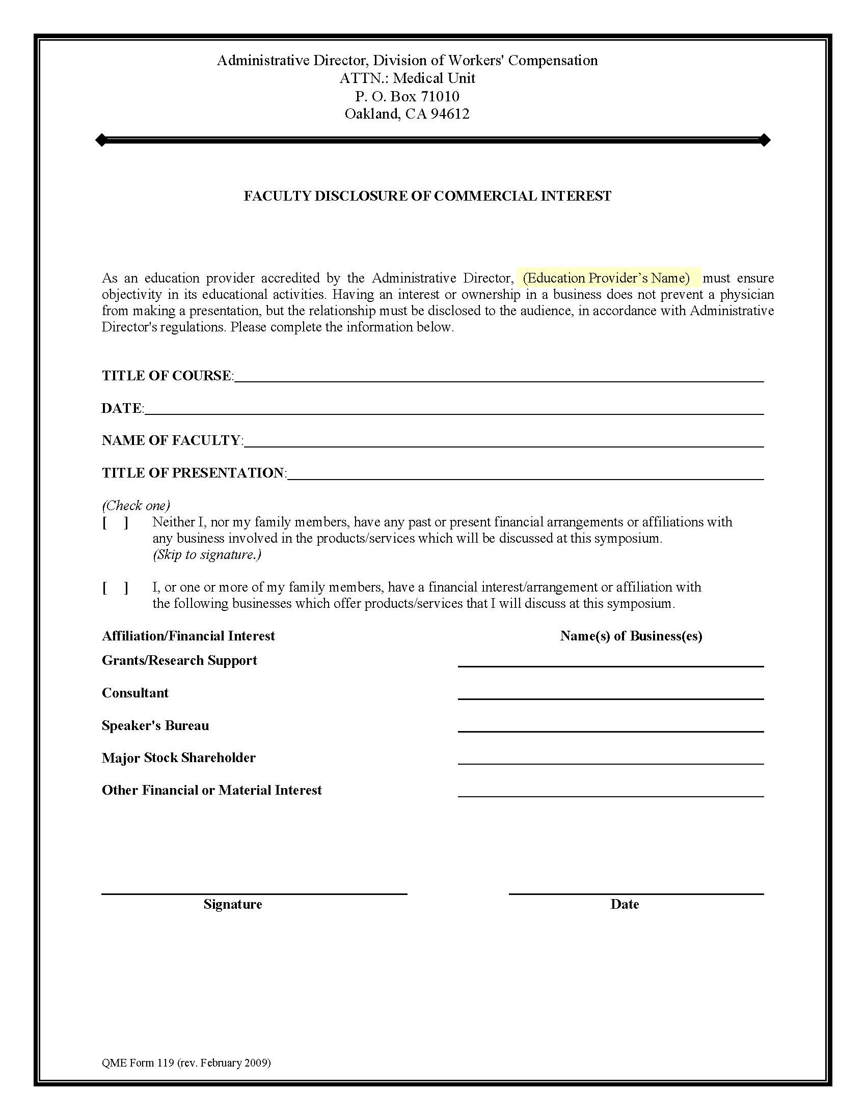 Faculty Disclosure Of Commercial Interest {QME 119} | Pdf Fpdf Doc Docx | California