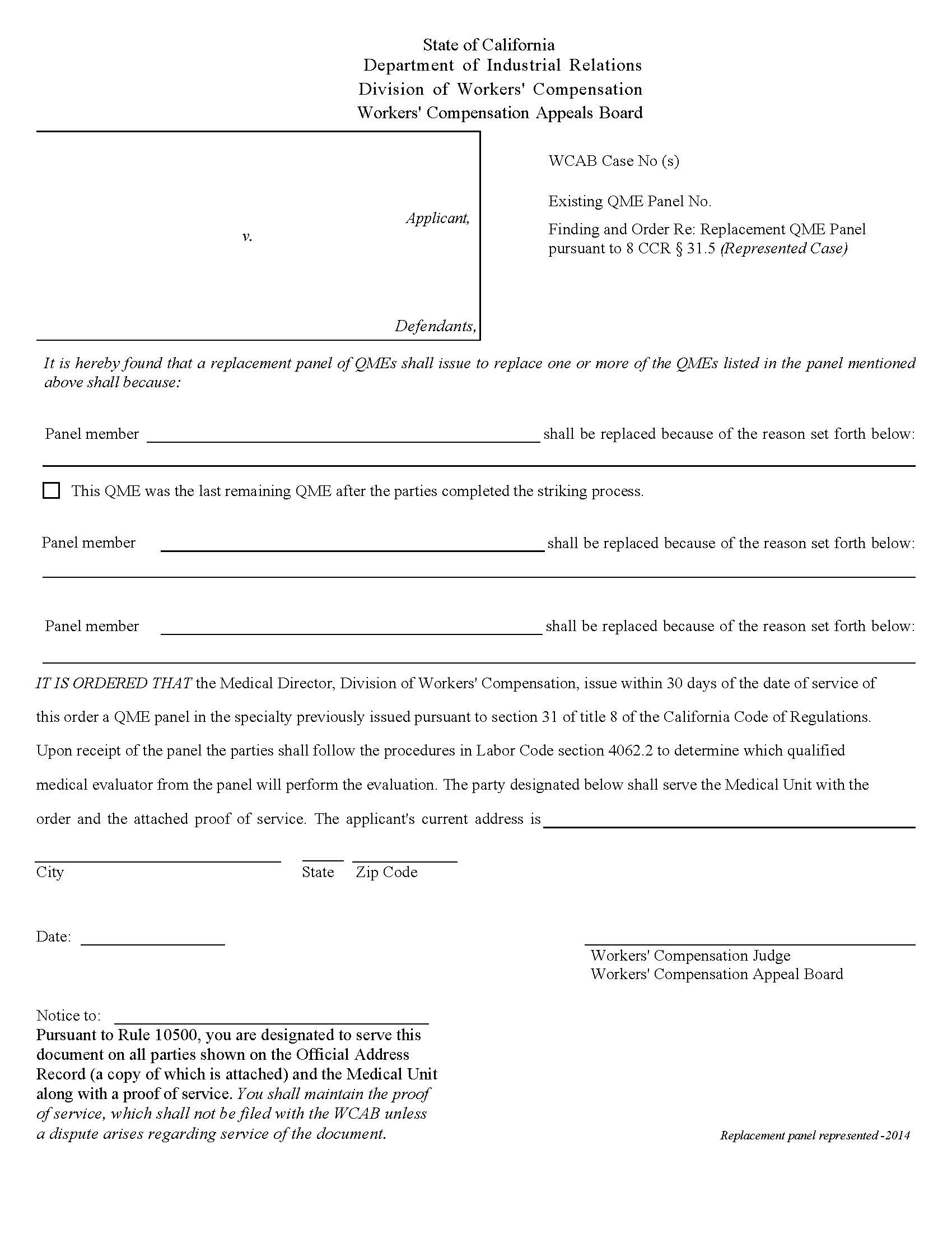 Finding And Order Re Replacement QME Panel Pursuant To 8 CCR 31.5 (Represented Case) | Pdf Fpdf Doc Docx | California
