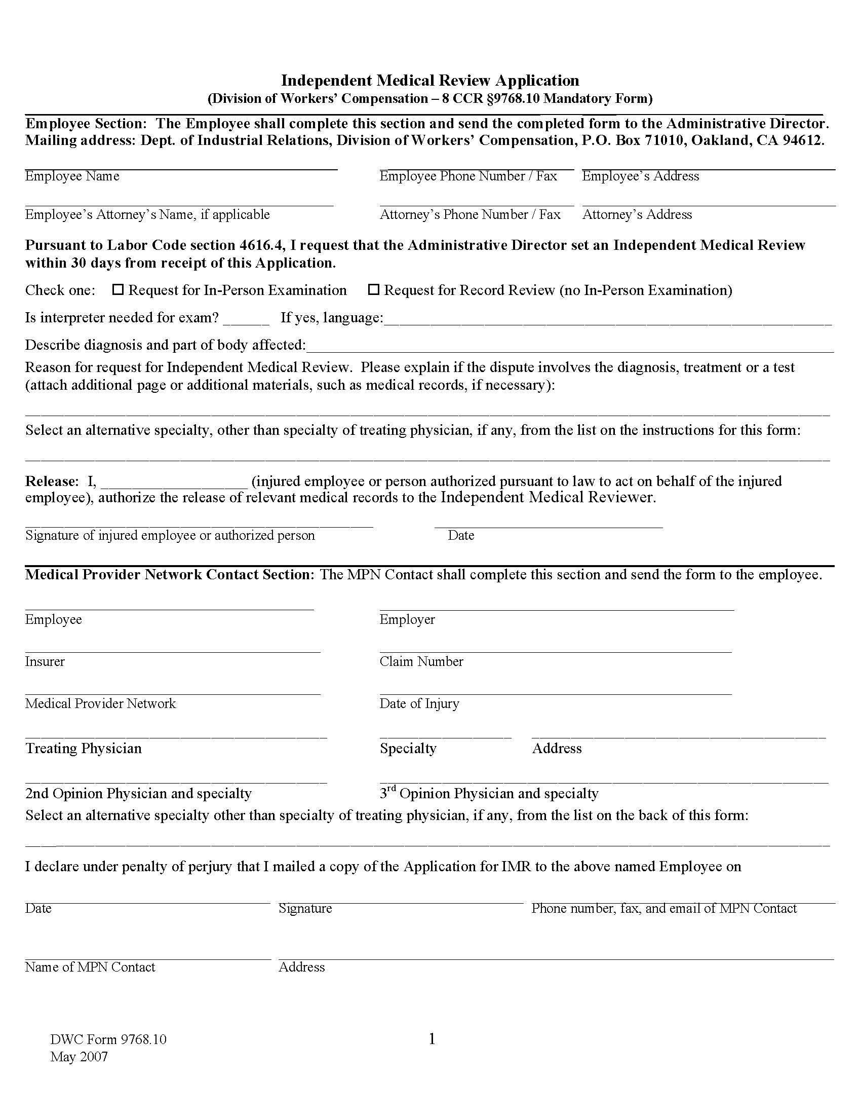 Independent Medical Review Application (8 CCR 9768.10 Mandatory Form) {9768.10} | Pdf Fpdf Doc Docx | California