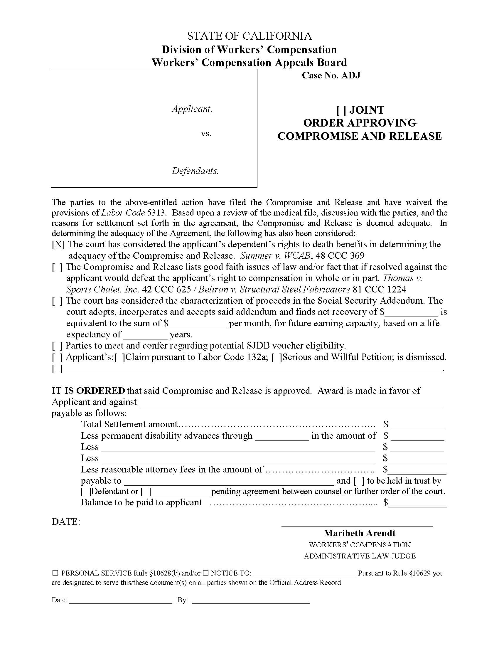 Joint Order Approving Compromise And Release Lodi) | Pdf Fpdf Docx | California