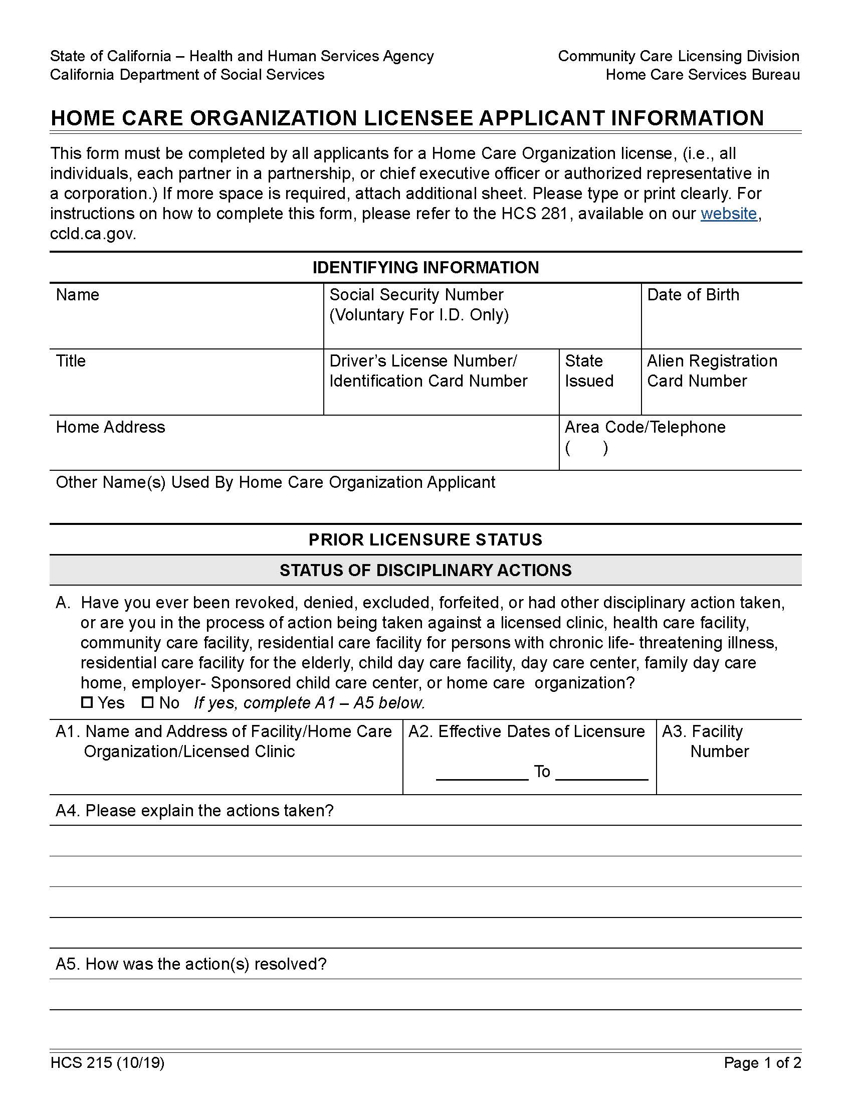 Licensing Information (Home Care Organization Licensee Applicant Information) {HCS 215} | Pdf Fpdf Docx | California