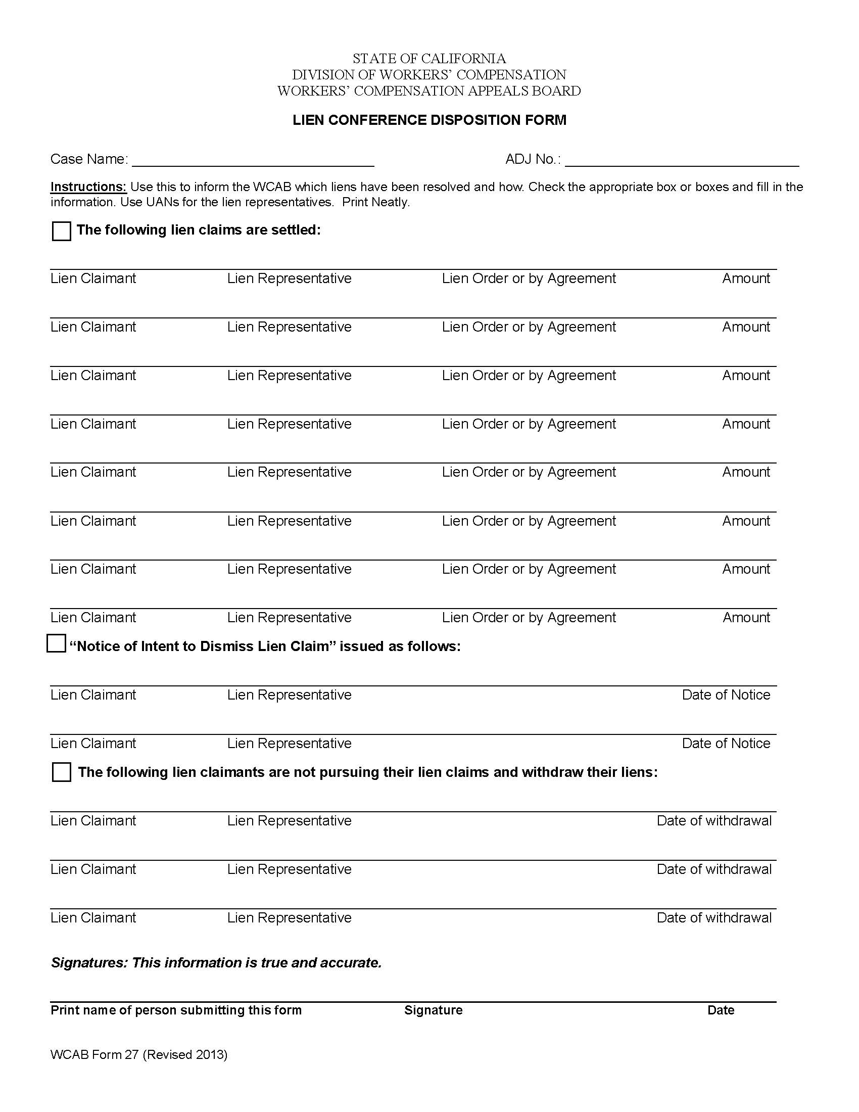 Lien Conference Deposition Form {WCAB 27} | Pdf Fpdf Doc Docx | California