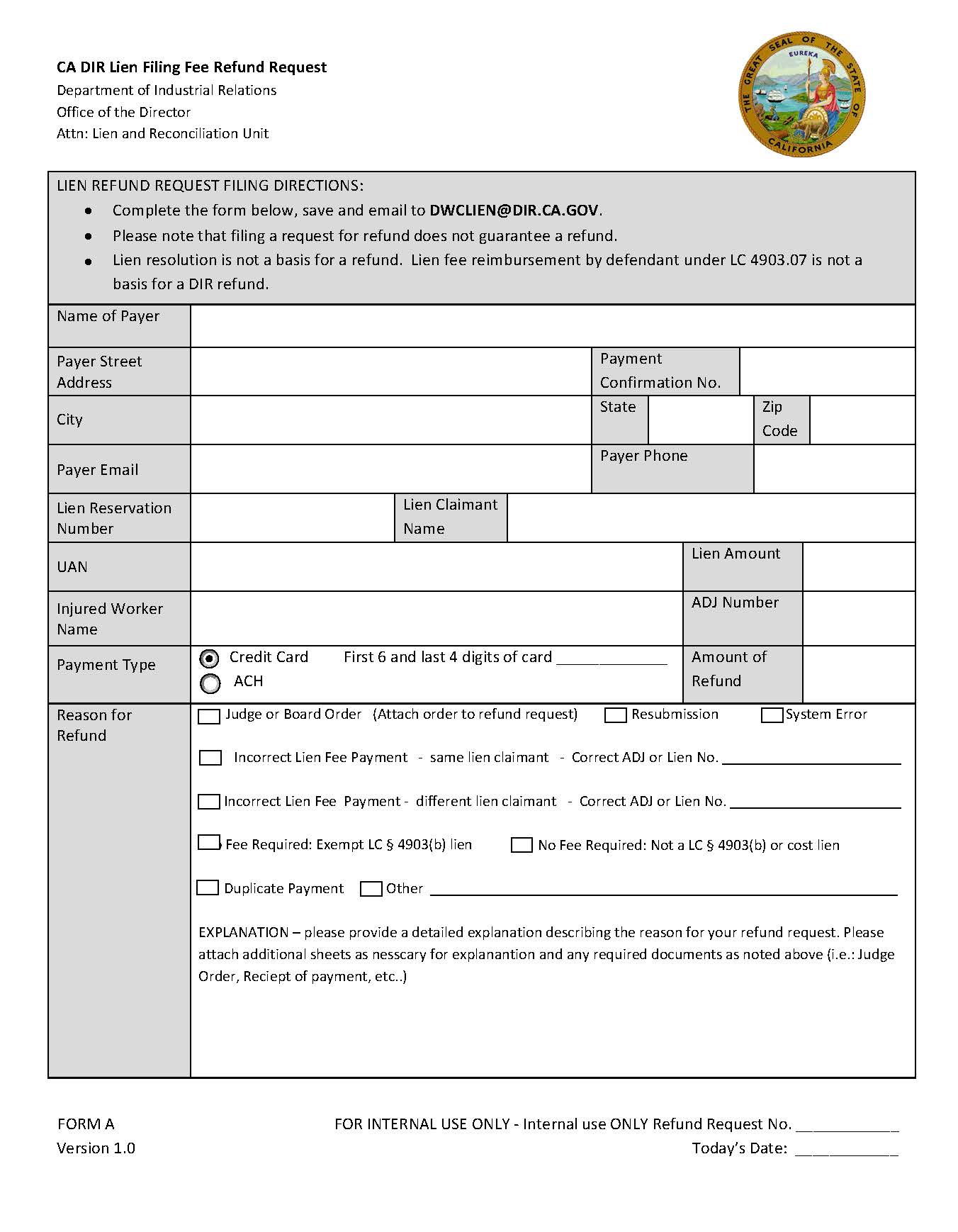 Lien Filing Fee Refund Request {Form A} | Pdf Fpdf Doc Docx | California