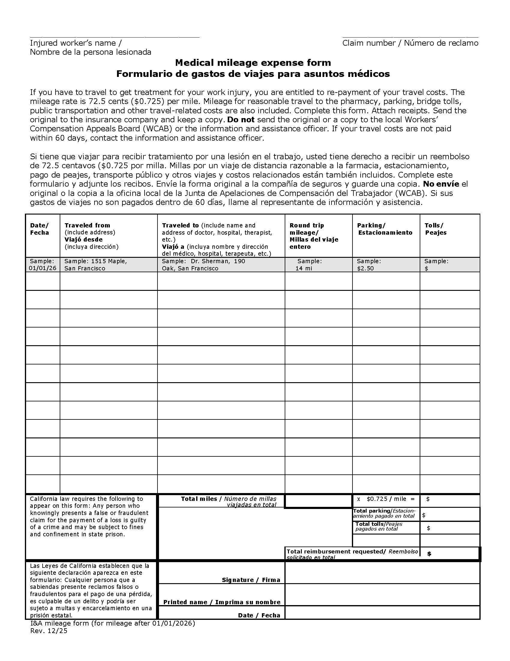 Medical Mileage Expense Form (For Travel On Or After 1-1-26) | Pdf Fpdf Docx | California