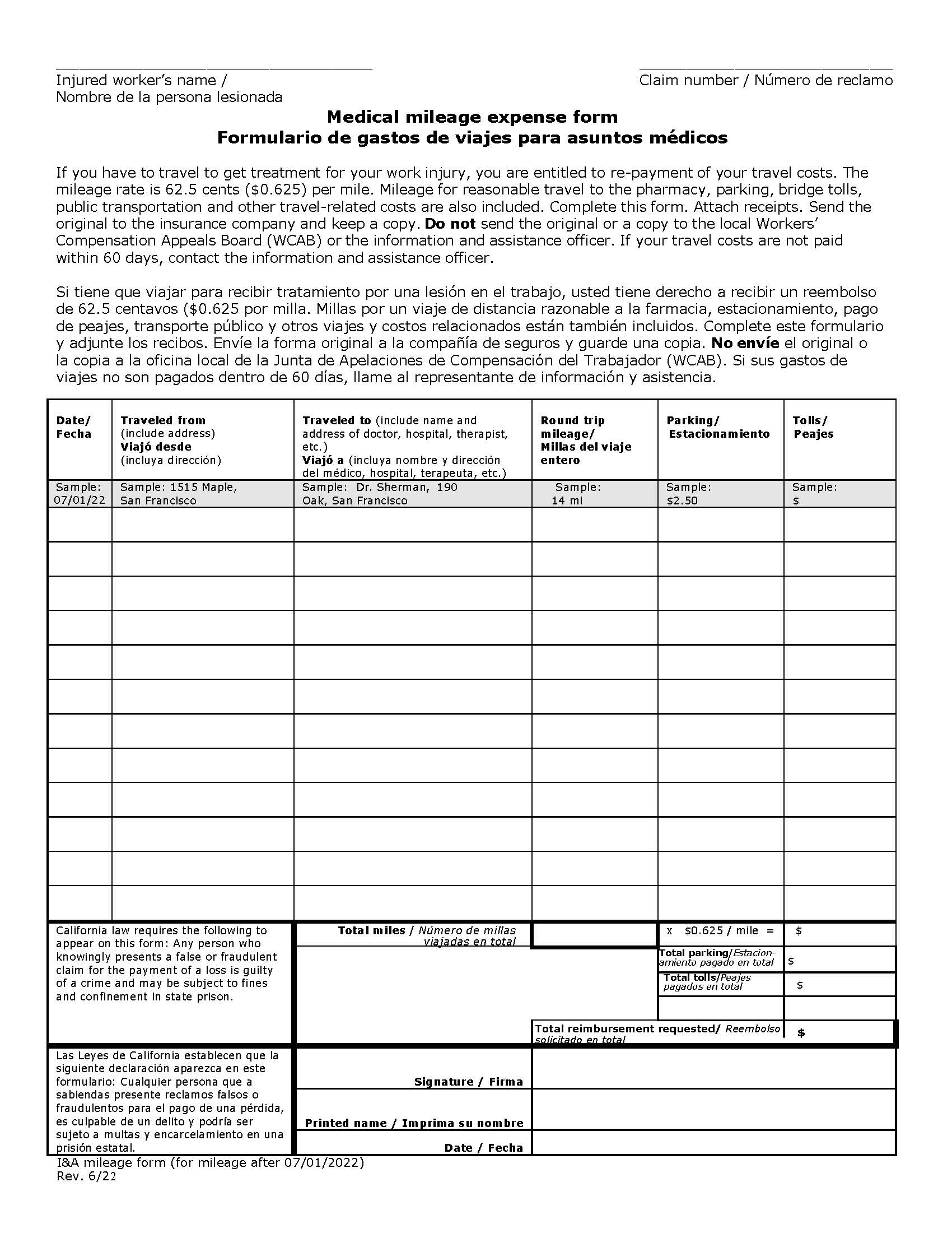 Medical Mileage Expense Form (For Travel On Or After 7-1-22) | Pdf Fpdf Docx | California