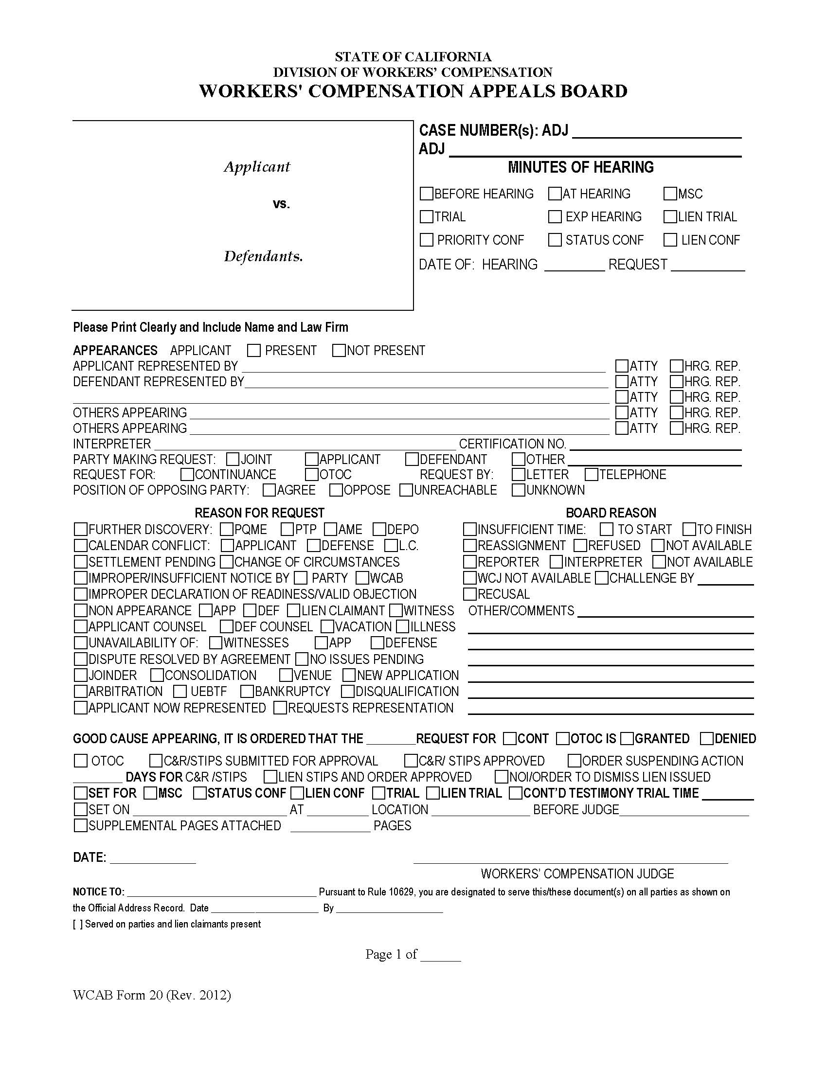 Minutes Of Hearing {WCAB 20} | Pdf Fpdf Doc Docx | California