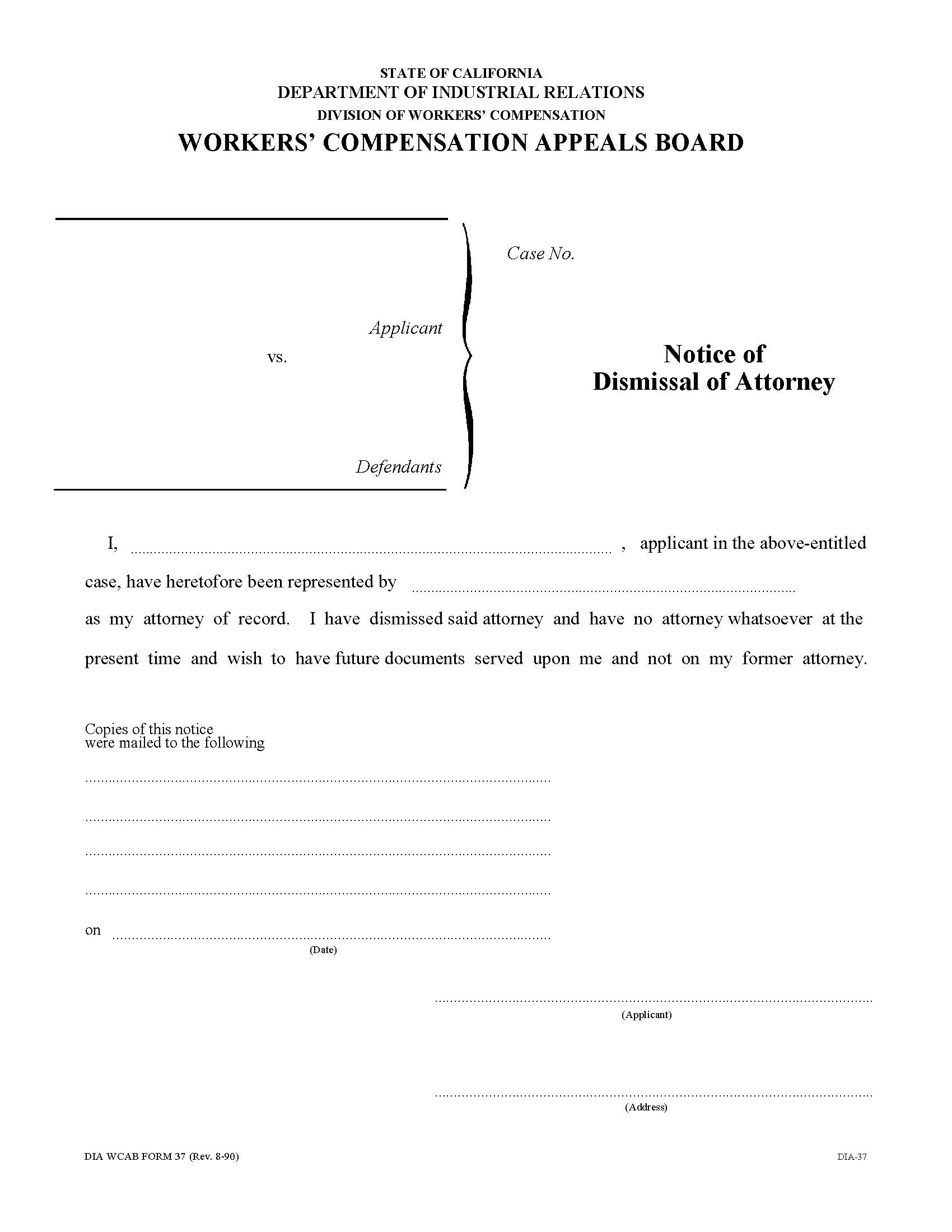 Notice Of Dismissal Of Attorney {DWC WCAB 37} | Pdf Fpdf Doc Docx | California