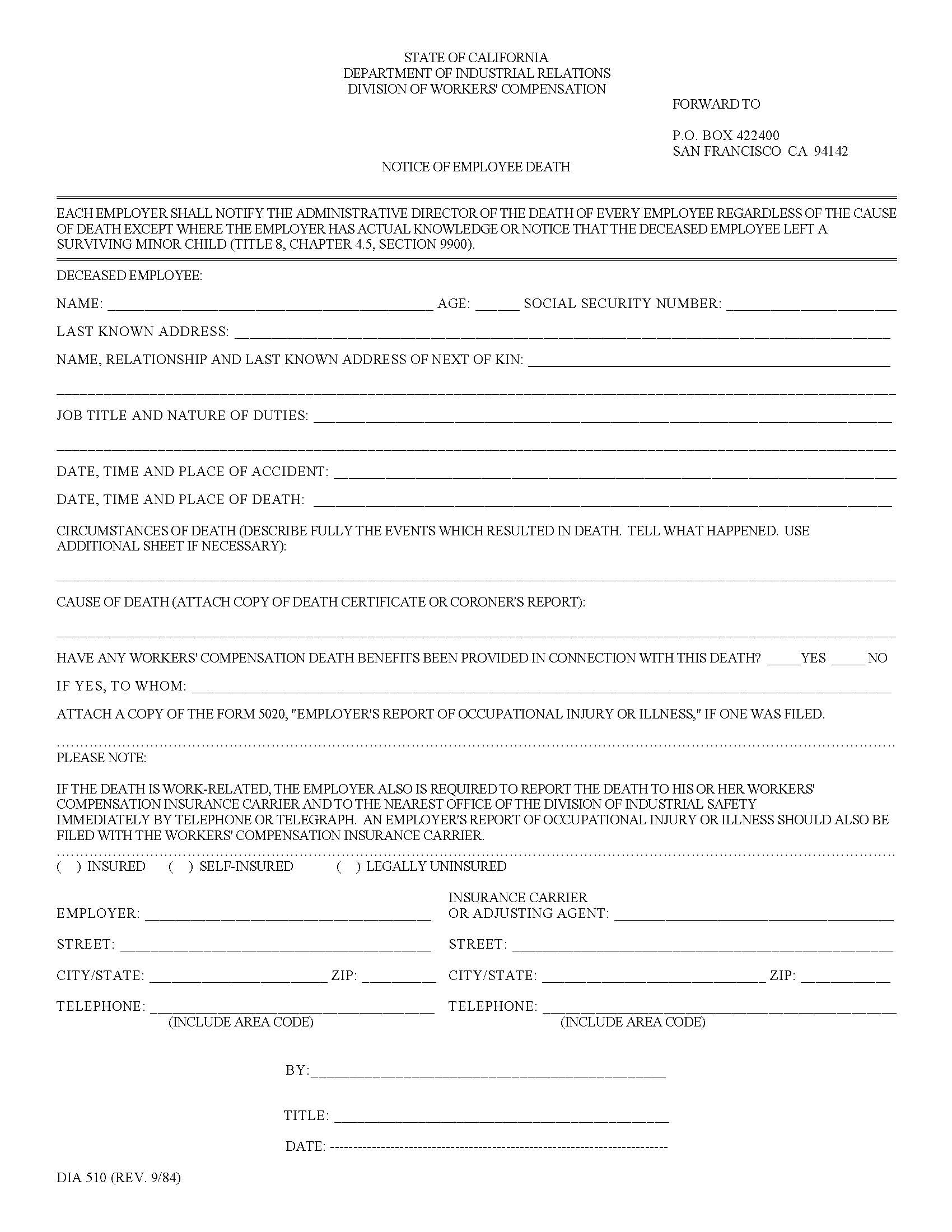 Notice Of Employee Death {DIA 510} | Pdf Fpdf Doc Docx | California