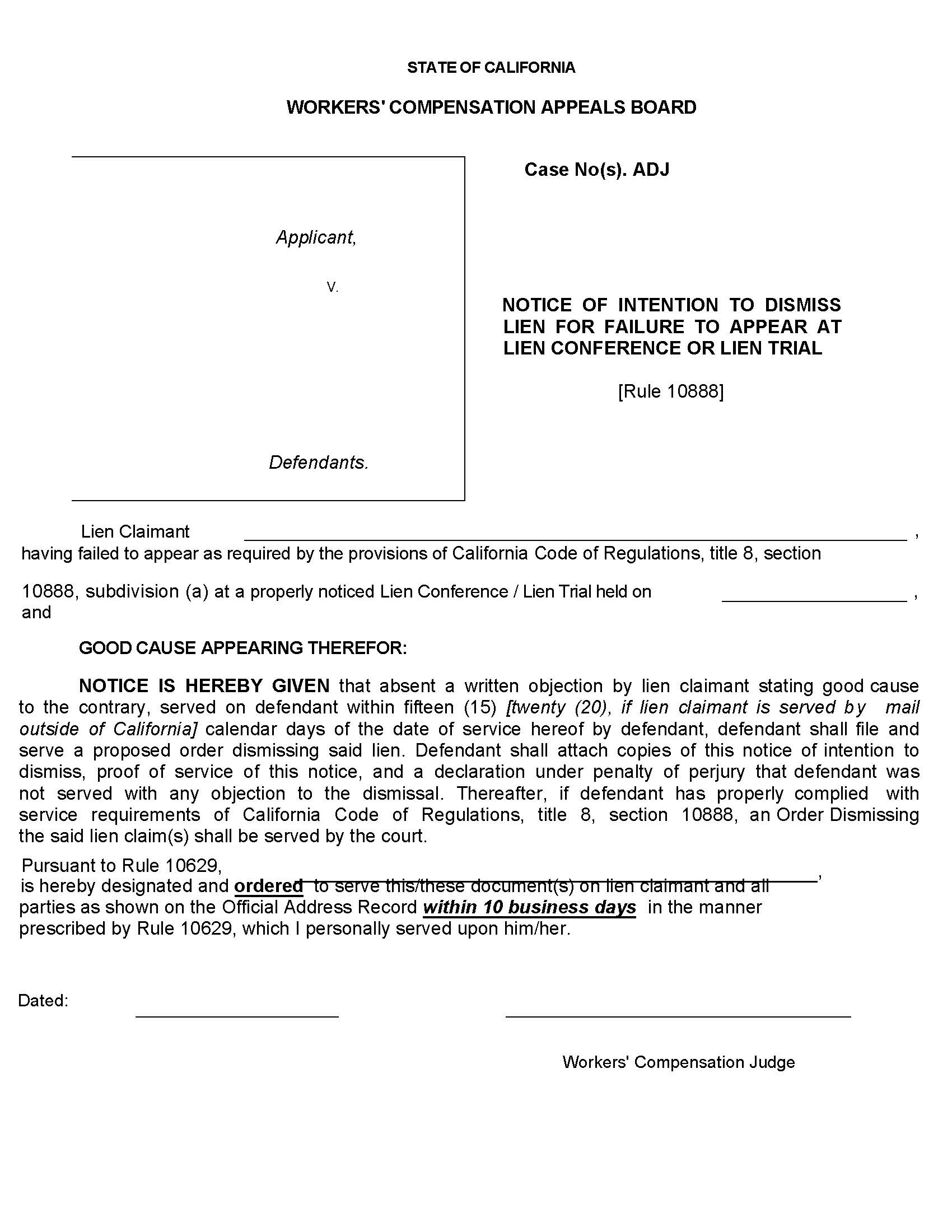 Notice Of Intention To Dismiss Lien For Failure To Appear | Pdf Fpdf Doc Docx | California