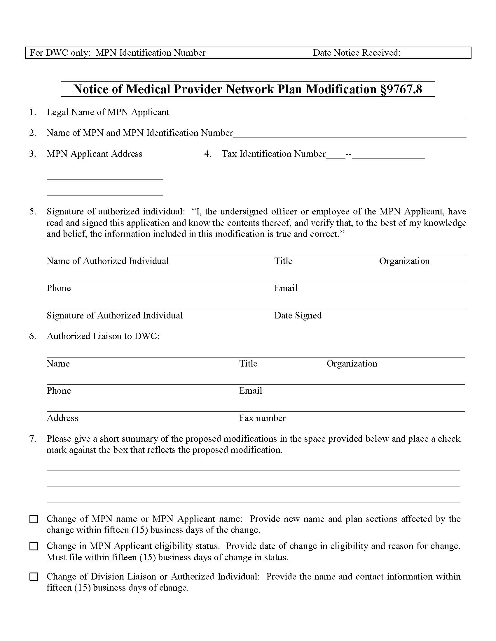 Notice Of Medical Provider Network Plan Modification 9767.8 {DWC 9767.8} | Pdf Fpdf Doc Docx | California