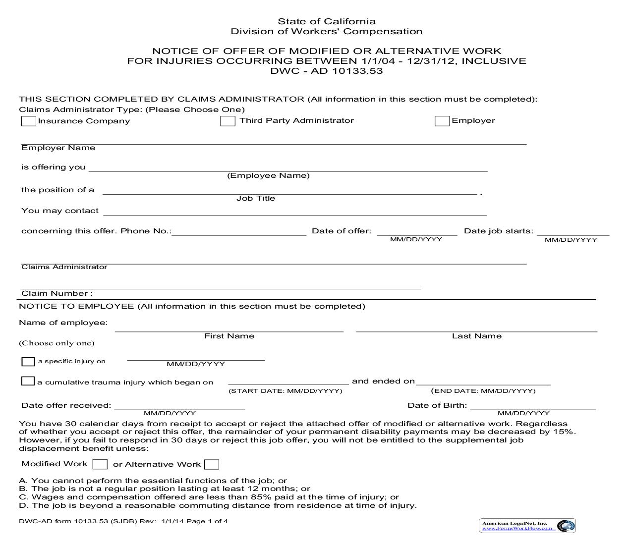 Notice Of Offer Of Modified Or Alternative Work (Between 1-1-04 And 12-31-12) {DWC AS 10133.53} | Pdf Fpdf Doc Docx | California