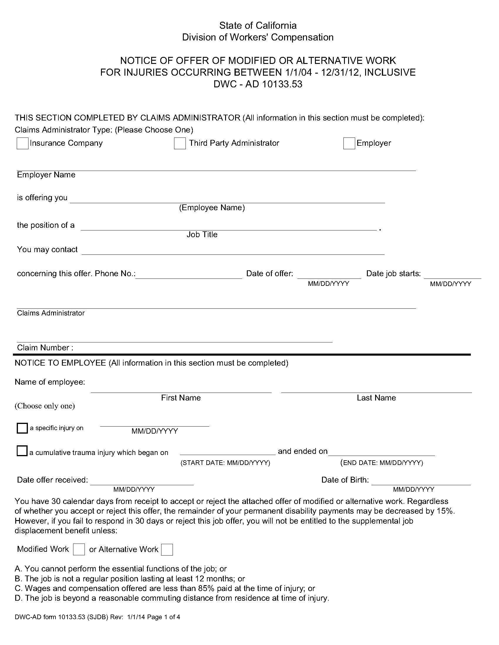 Notice Of Offer Of Modified Or Alternative Work (Between 1-1-04 And 12-31-12) {DWC AS 10133.53} | Pdf Fpdf Doc Docx | California