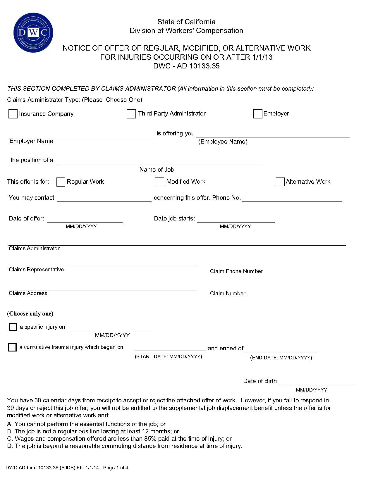 Notice Of Offer Of Regular Modified Or Alternative Work (On Or After 1-1-13) {DWC AD 10133.35} | Pdf Fpdf Doc Docx | California
