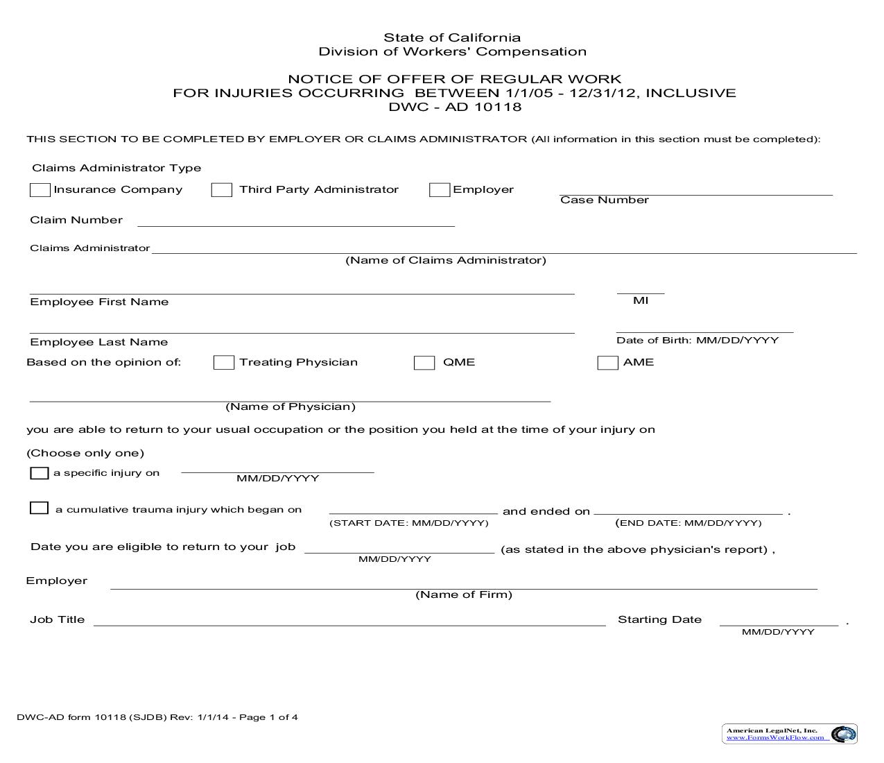 Notice Of Offer Of Regular Work For Injuries (Between 1-1-05 And 12-31-12) {DWC AD 10118} | Pdf Fpdf Doc Docx | California