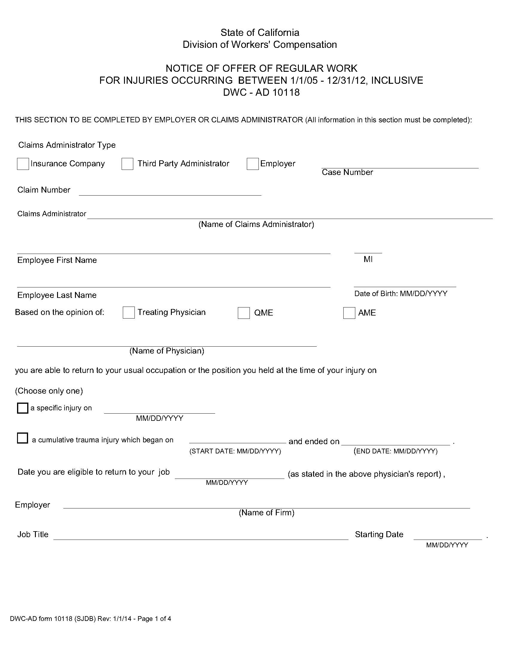 Notice Of Offer Of Regular Work For Injuries (Between 1-1-05 And 12-31-12) {DWC AD 10118} | Pdf Fpdf Doc Docx | California