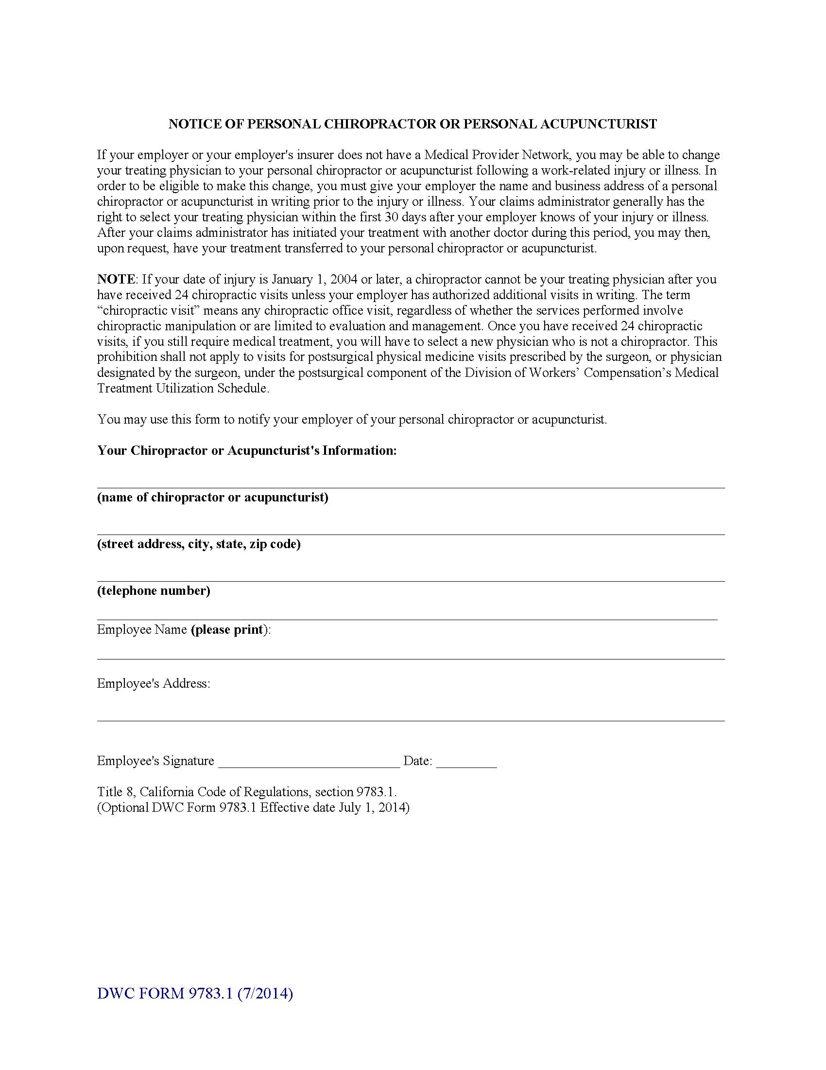 Notice Of Personal Chiropractor Or Personal Acupuncturist {DWC 9783.1} | Pdf Fpdf Doc Docx | California