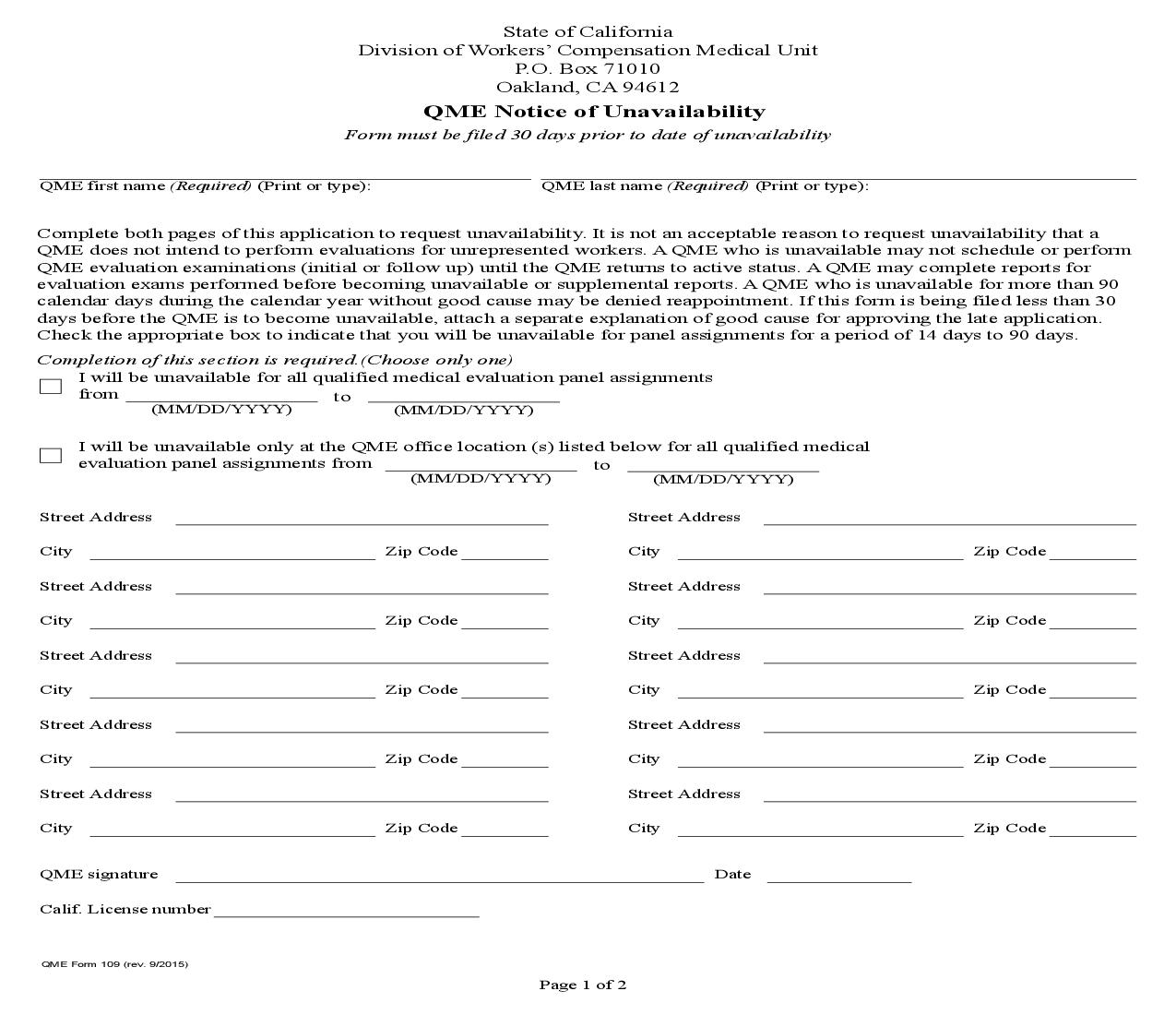 Notice Of Unavailability {QME 109} | Pdf Fpdf Doc Docx | California