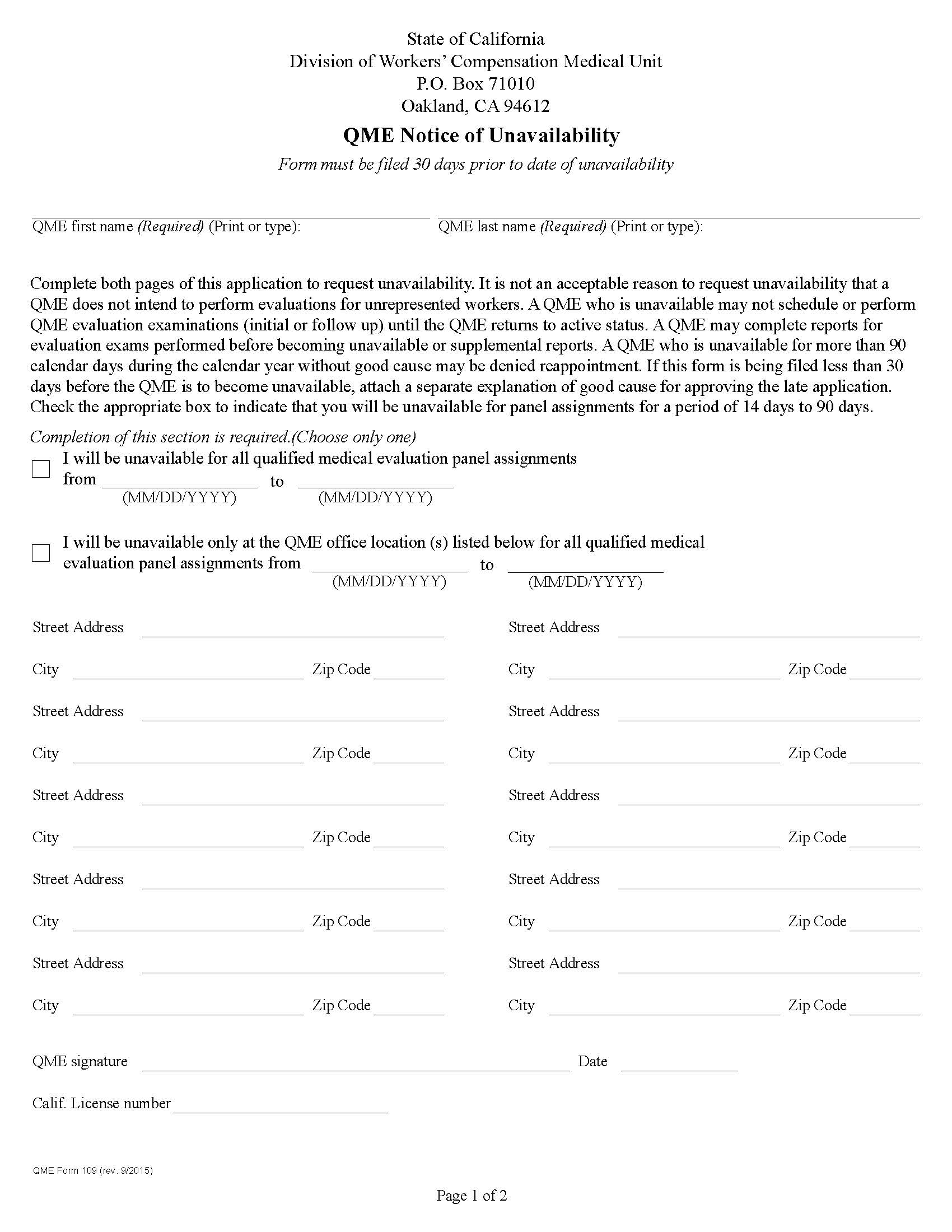Notice Of Unavailability {QME 109} | Pdf Fpdf Doc Docx | California