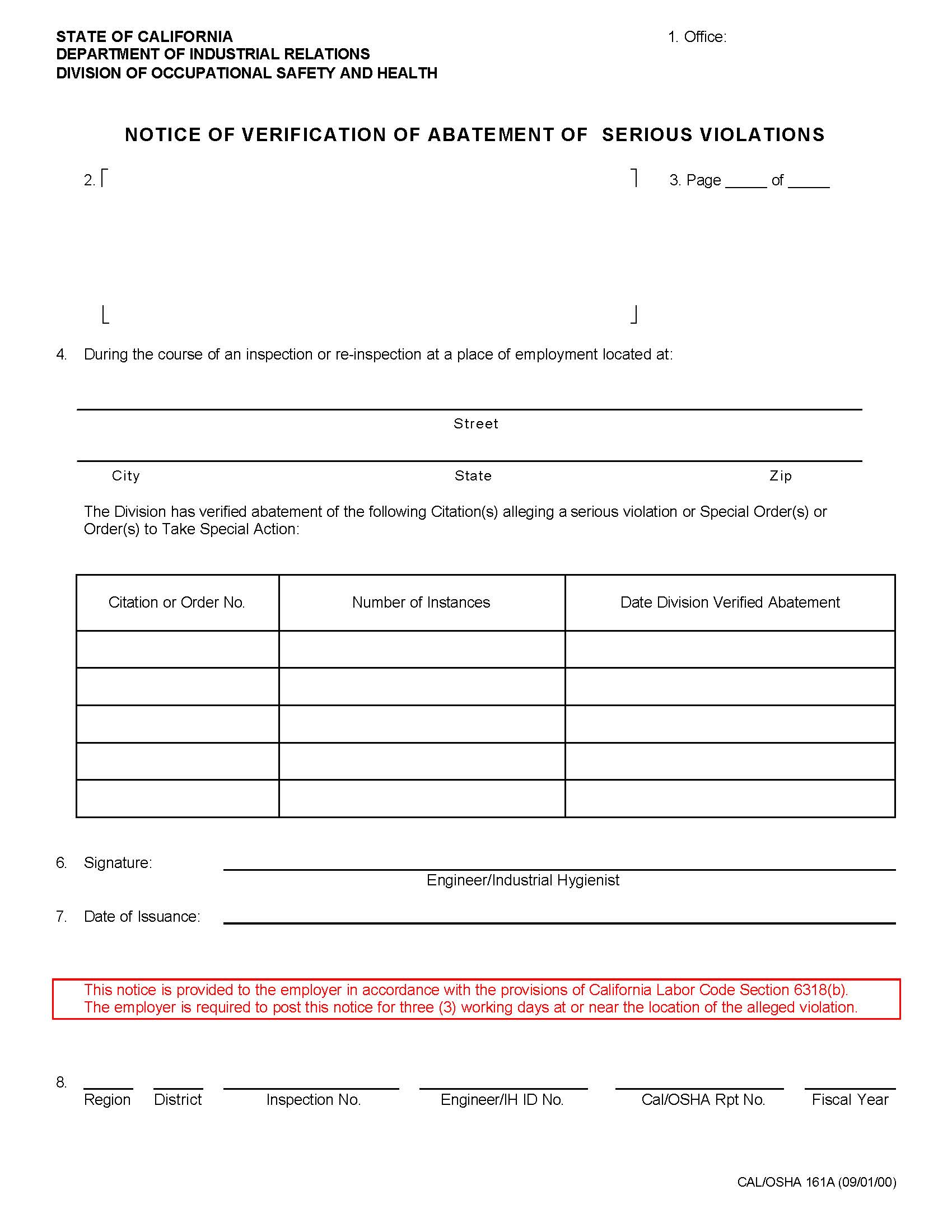 Notice Of Verification Of Abatement Of Serious Violations {CAL-OSHA 161A} | Pdf Fpdf Doc Docx | California