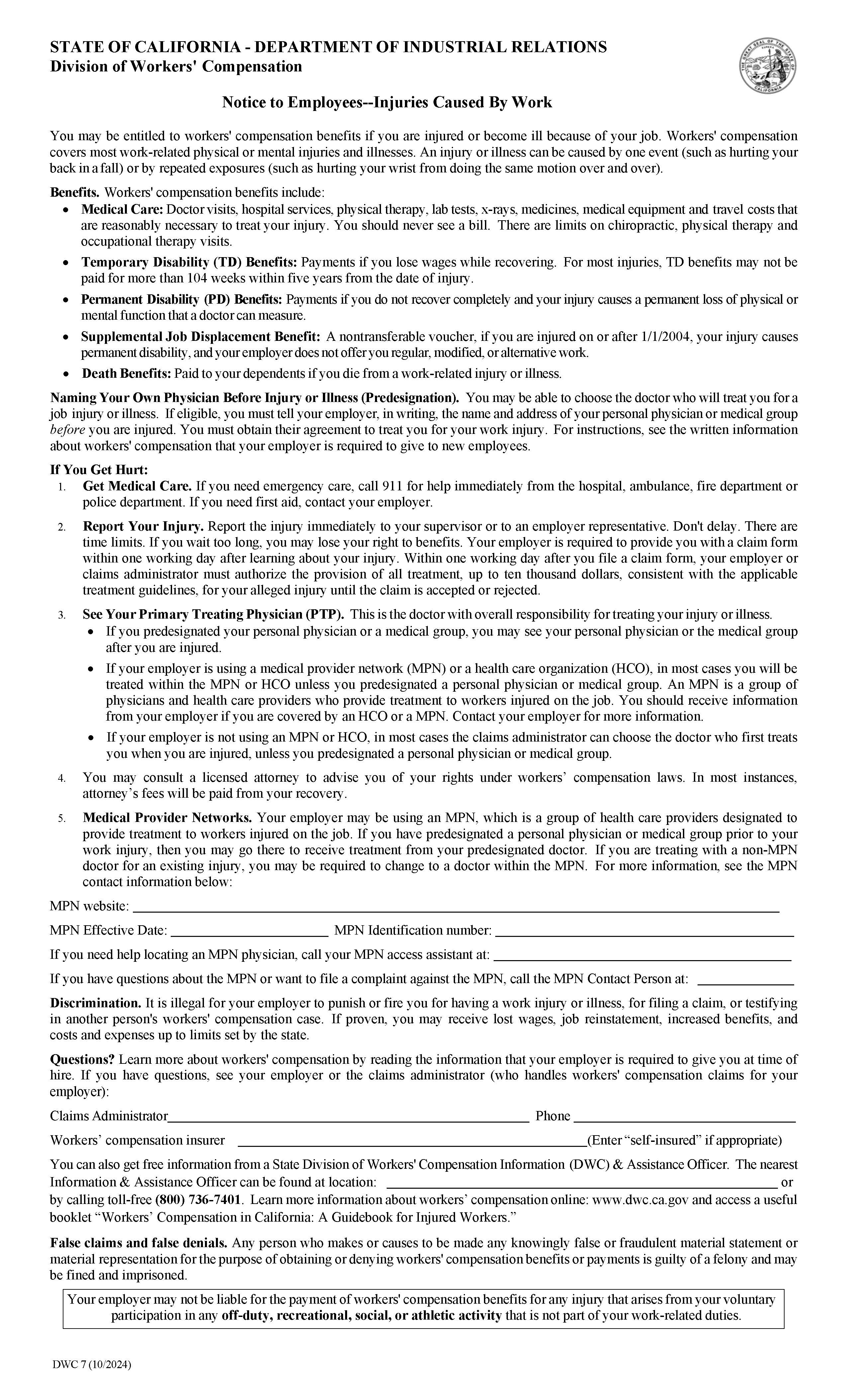 Notice To Employees-Injuries Caused By Work {DWC 7} | Pdf Fpdf Doc Docx | California