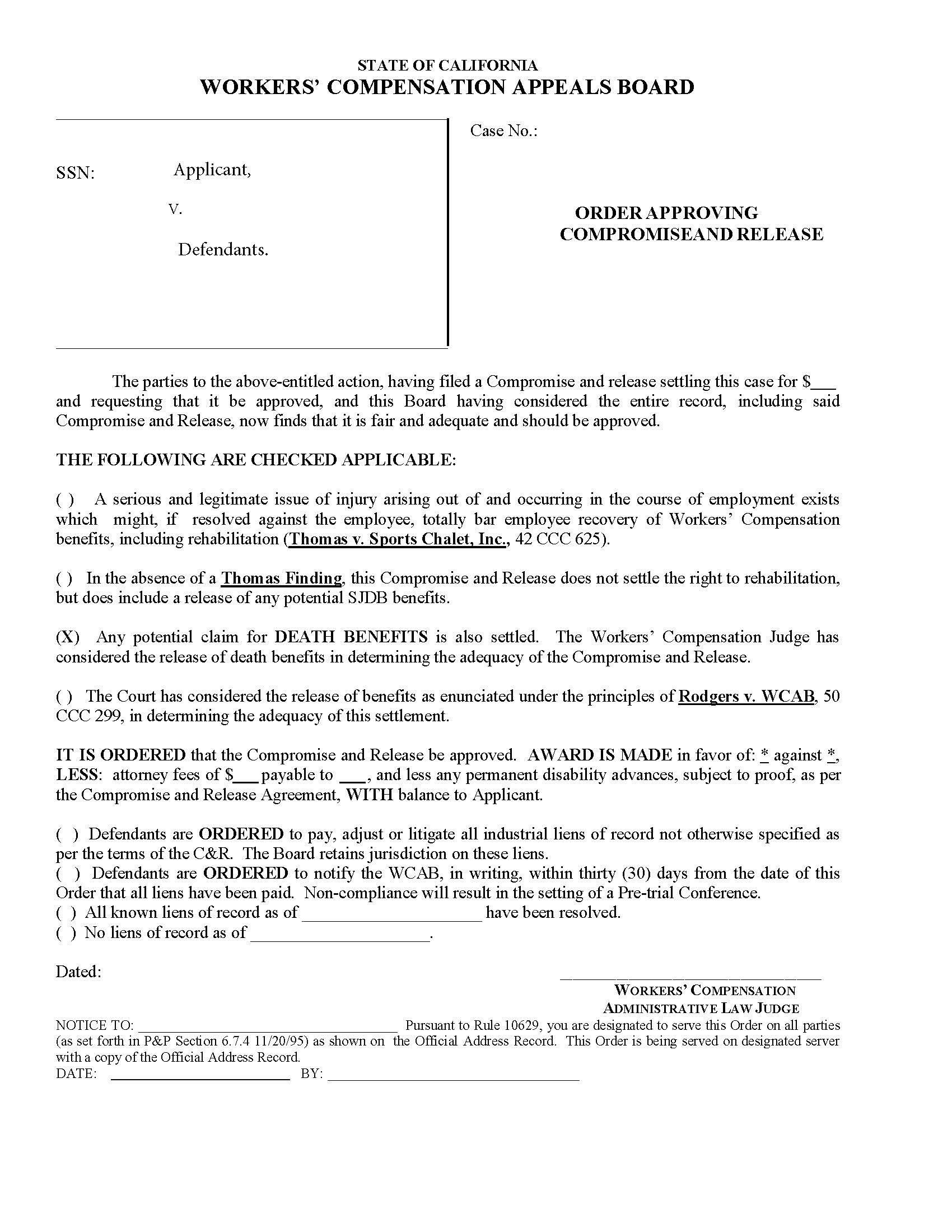 Order Approving Compromise And Release | Pdf Fpdf Docx | California