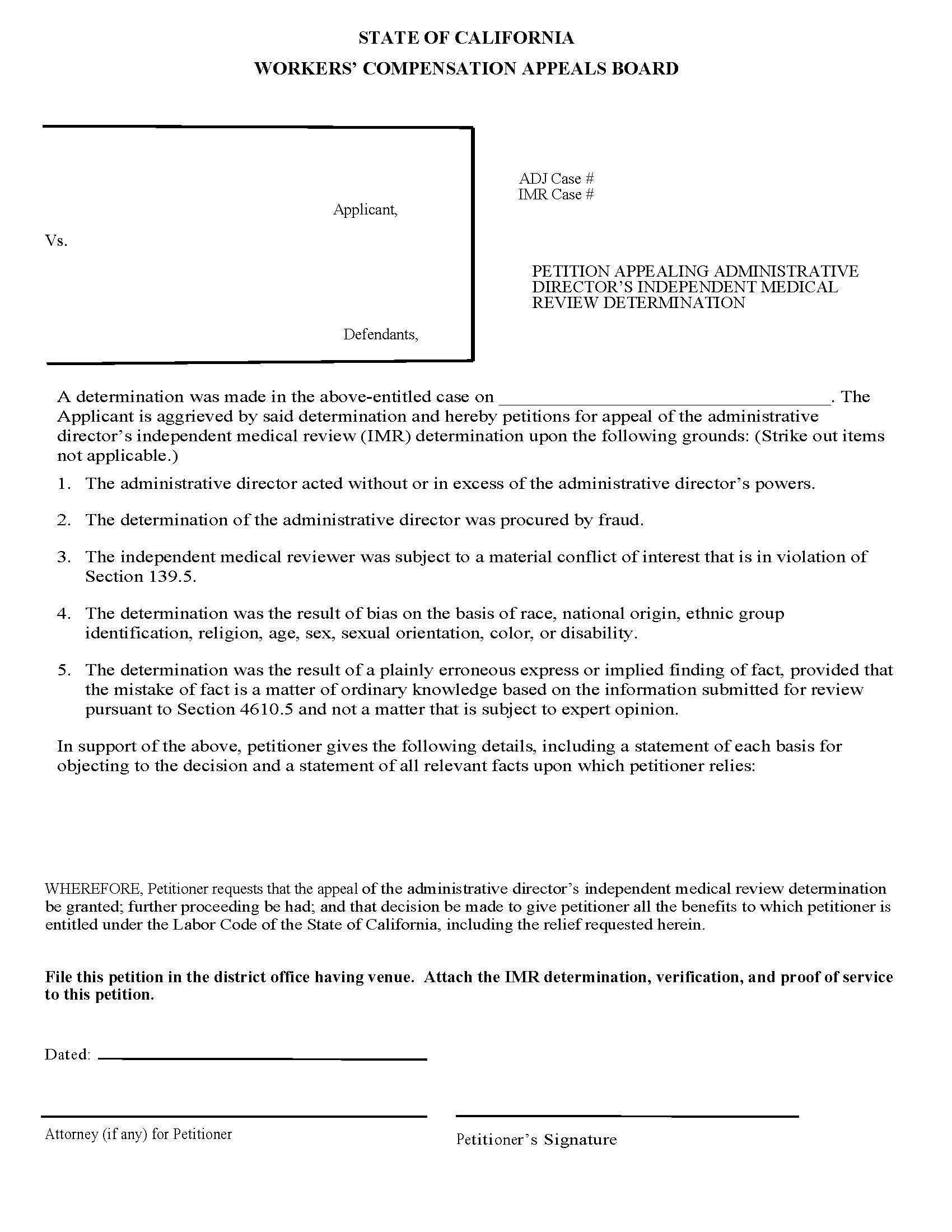 Petition Appealing Administrative Directors Independent Medical Review Determination | Pdf Fpdf Doc Docx | California