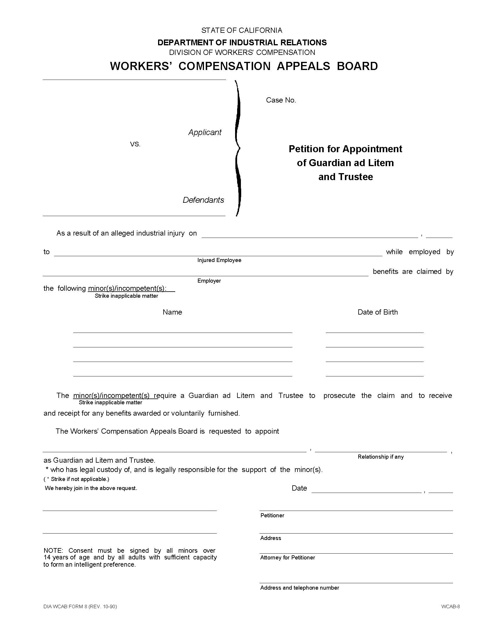 Petition For Appointment Of Guardian Ad Litem And Trustee {WCAB-8} | Pdf Fpdf Doc Docx | California
