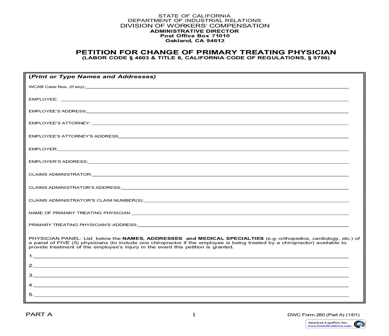 Petition For Change Of Primary Treating Physician {DWC 280} | Pdf Fpdf Doc Docx | California