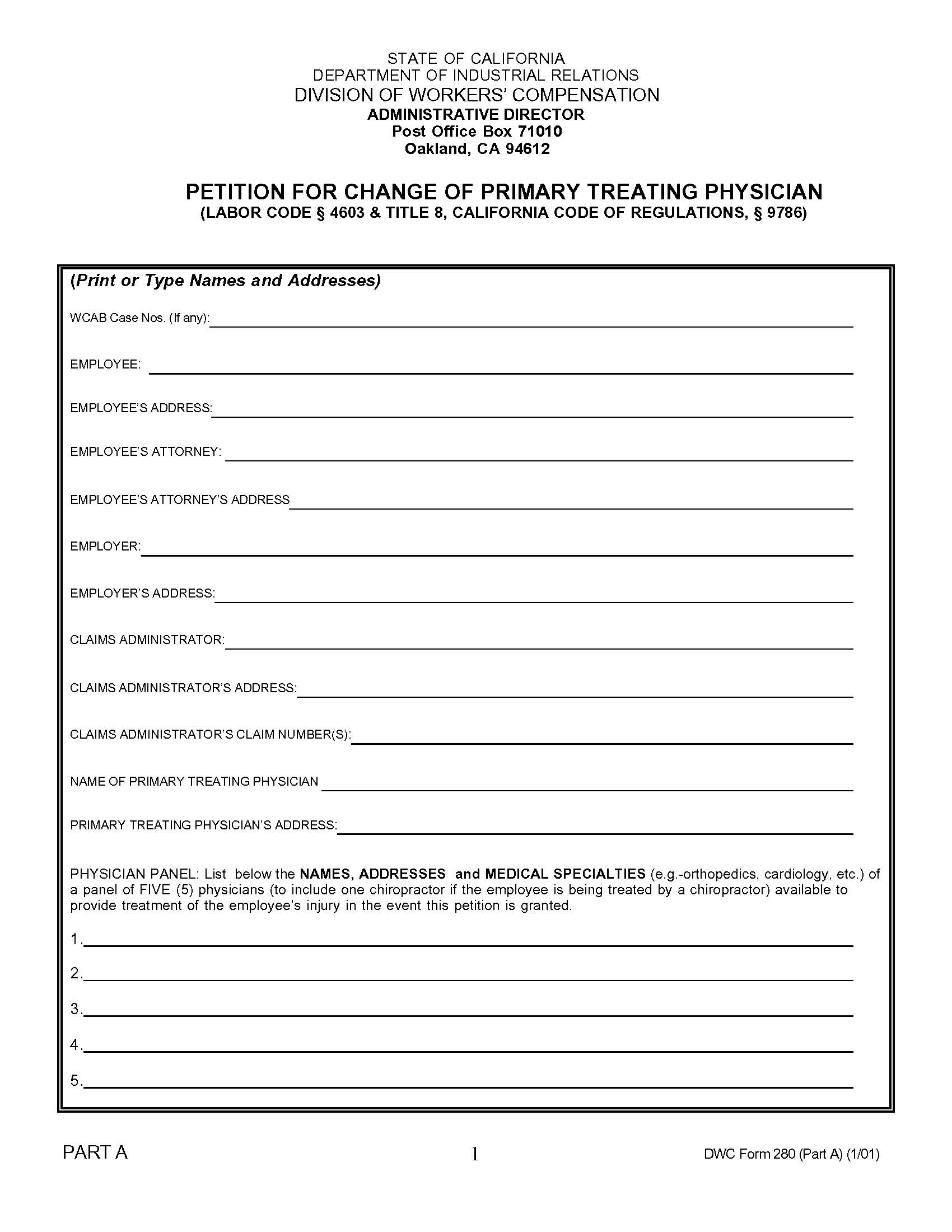 Petition For Change Of Primary Treating Physician {DWC 280} | Pdf Fpdf Doc Docx | California