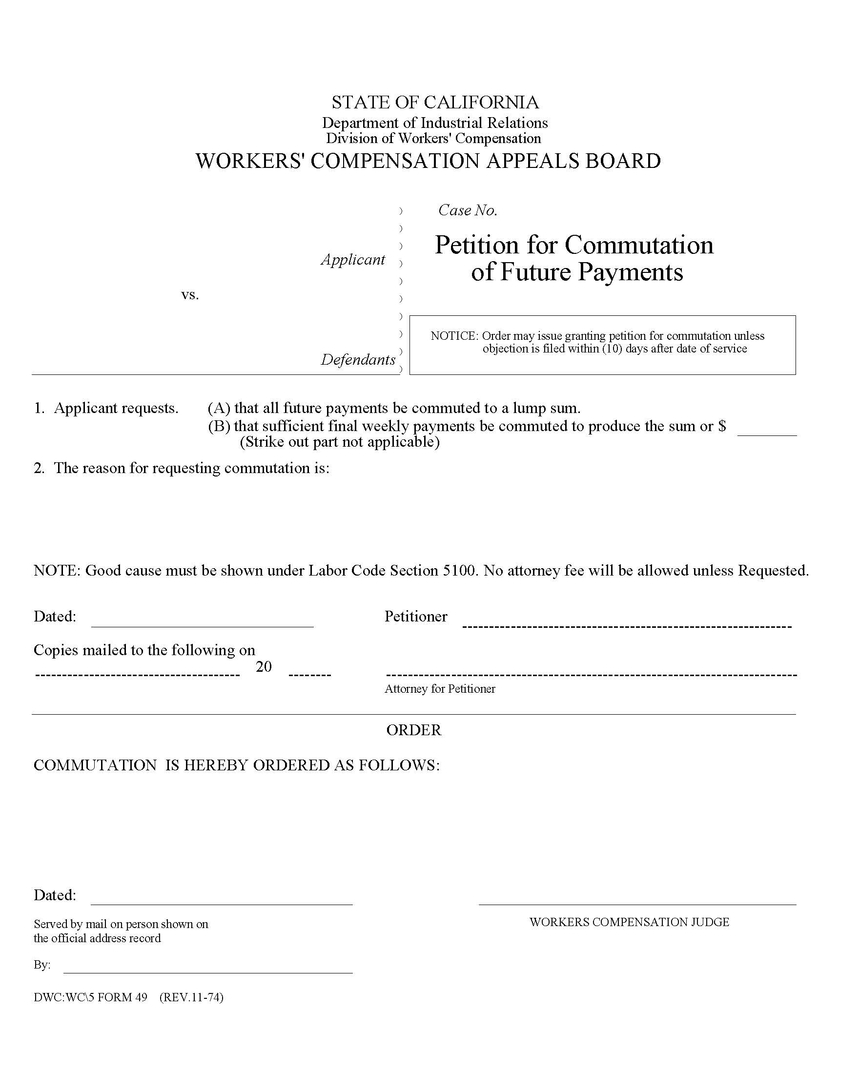 Petition For Commutation Of Future Payments {DWC WCAB 49} | Pdf Fpdf Doc Docx | California