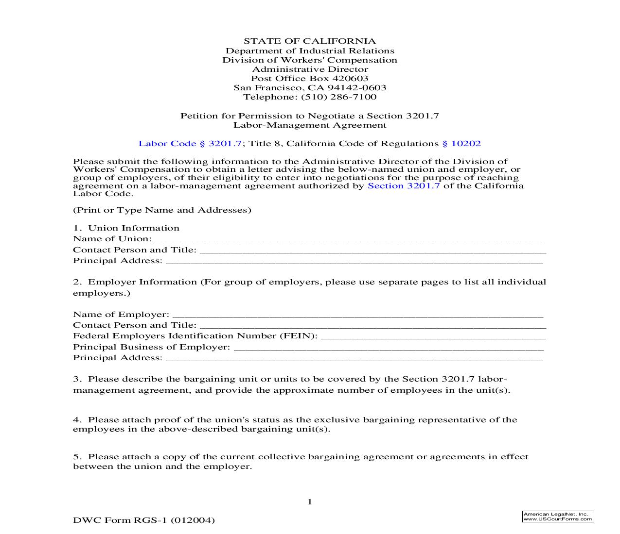 Petition For Permission To Negotiate A Section 3201.7 Labor-Management Agreement {DWC RGS-1} | Pdf Fpdf Doc Docx | California