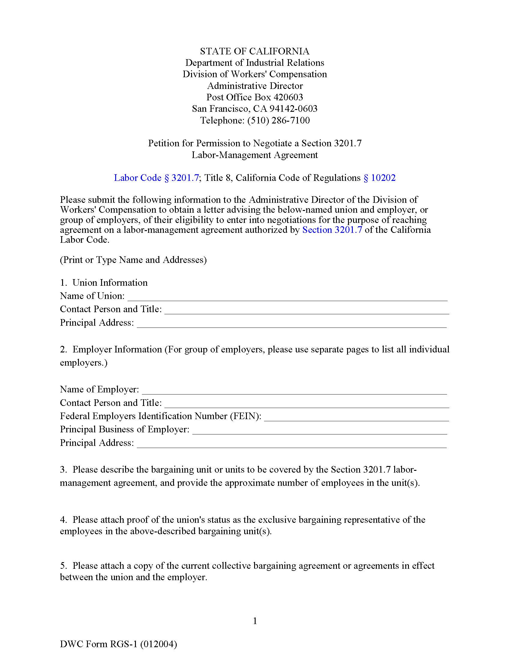 Petition For Permission To Negotiate A Section 3201.7 Labor-Management Agreement {DWC RGS-1} | Pdf Fpdf Doc Docx | California