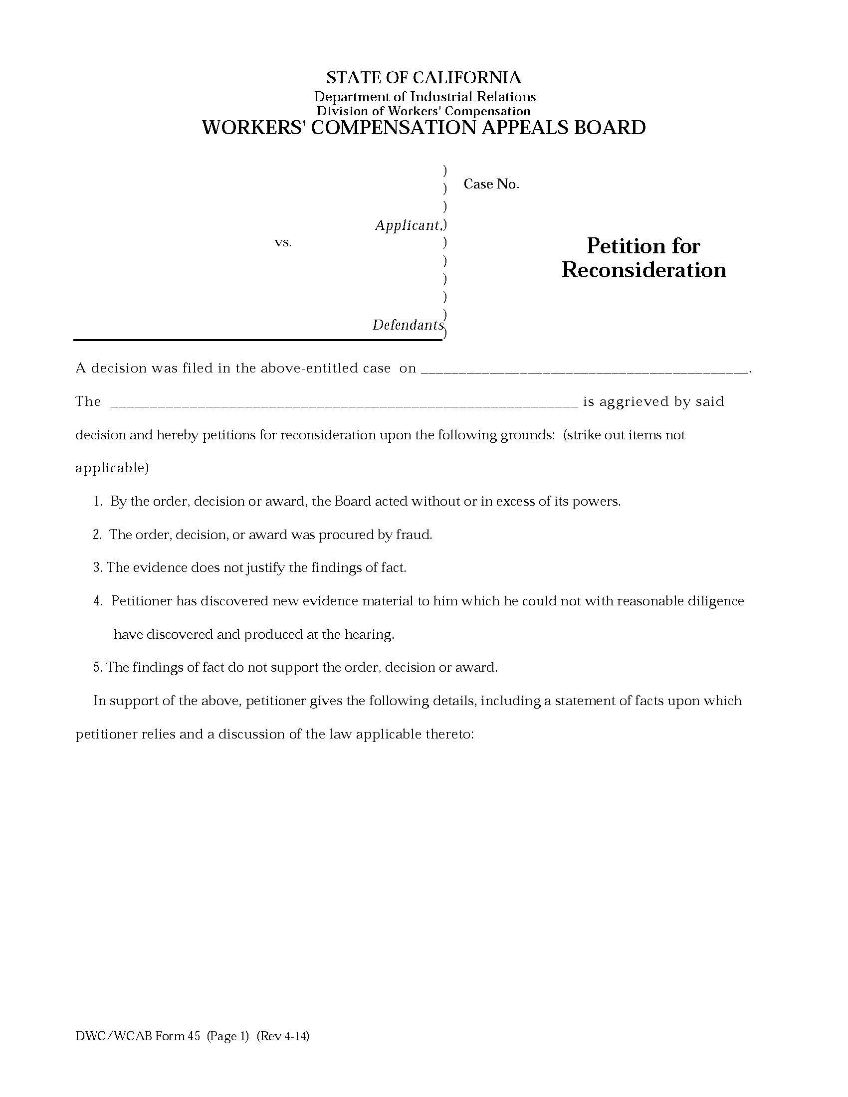Petition For Reconsideration {DWC WCAB 45} | Pdf Fpdf Doc Docx | California