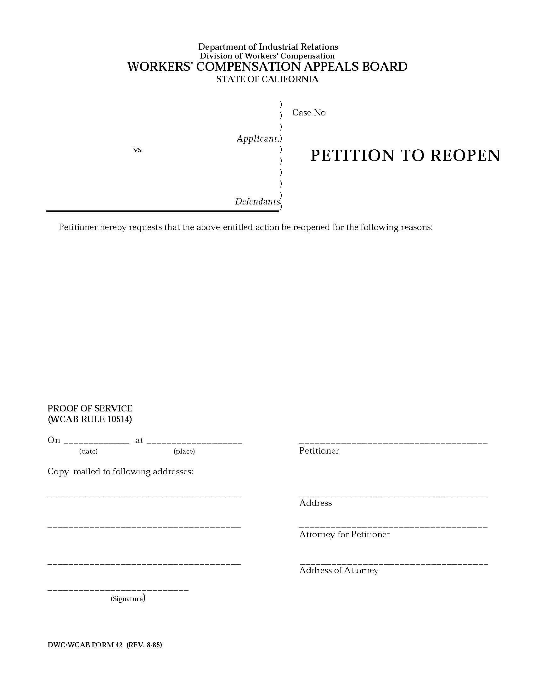 Petition To Reopen {DWC WCAB 42} | Pdf Fpdf Doc Docx | California