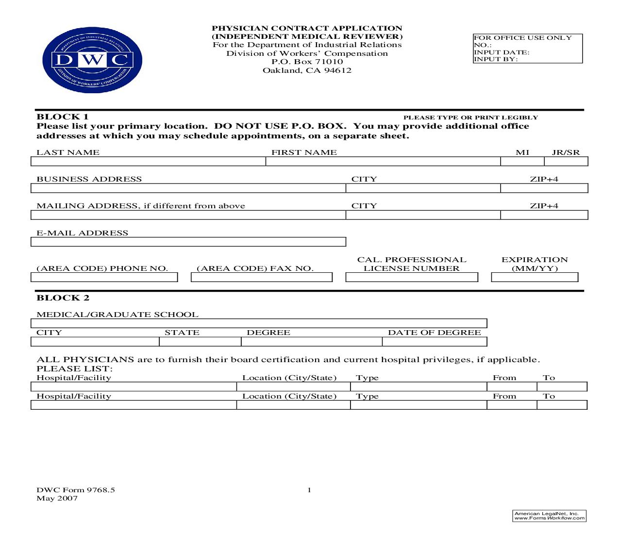 Physician Contract Application (Independent Medical Reviewer) {DWC 9768.5} | Pdf Fpdf Doc Docx | California