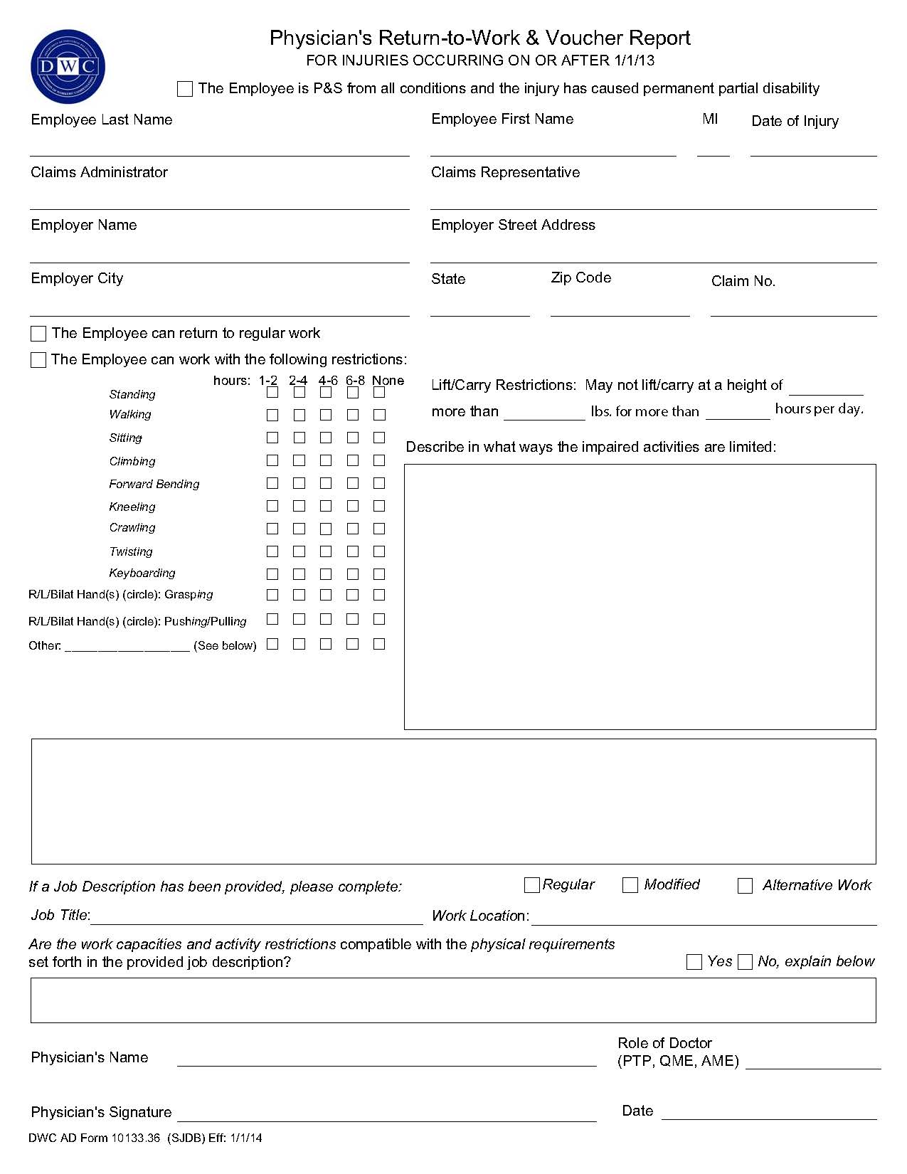 Physicians Return-To-Work And Voucher Report (On Or After 1-1-13) {DWC AD 10133.36} | Pdf Fpdf Doc Docx | California