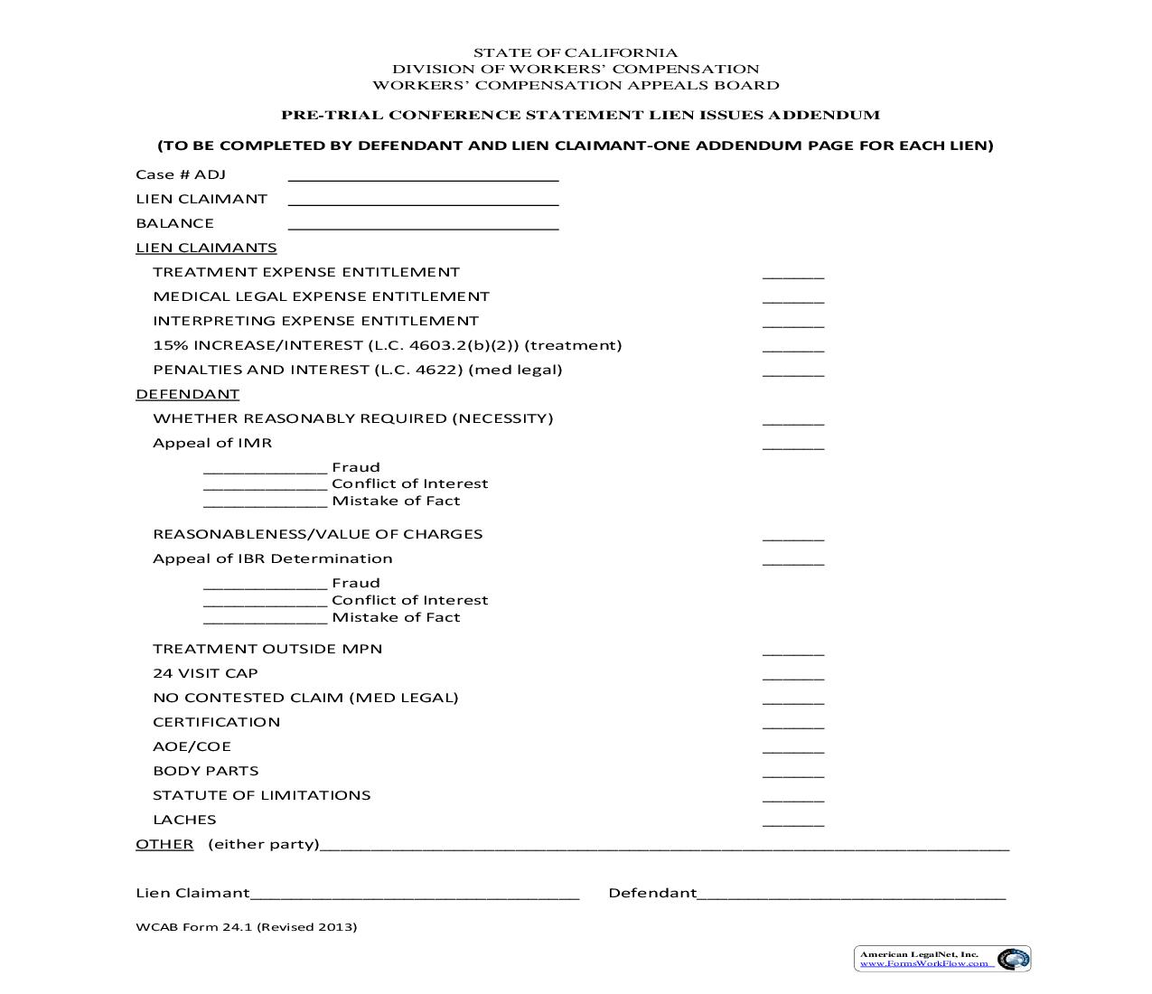 Pre-Trial Conference Statement Lien Issues Addendum {WCAB 24.1} | Pdf Fpdf Doc Docx | California