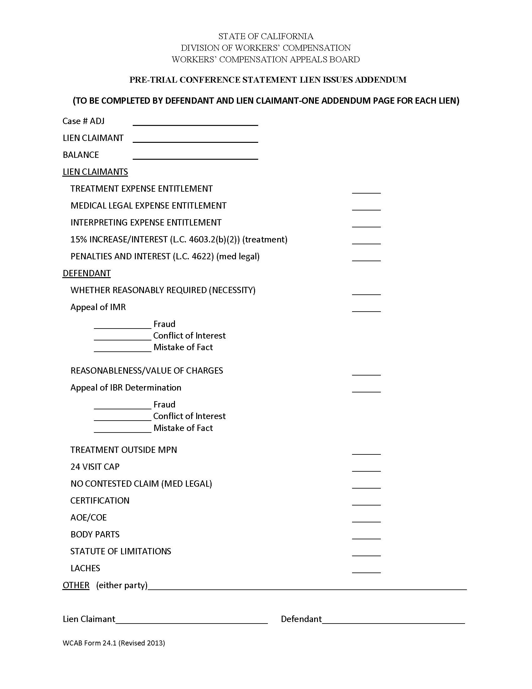 Pre-Trial Conference Statement Lien Issues Addendum {WCAB 24.1} | Pdf Fpdf Doc Docx | California
