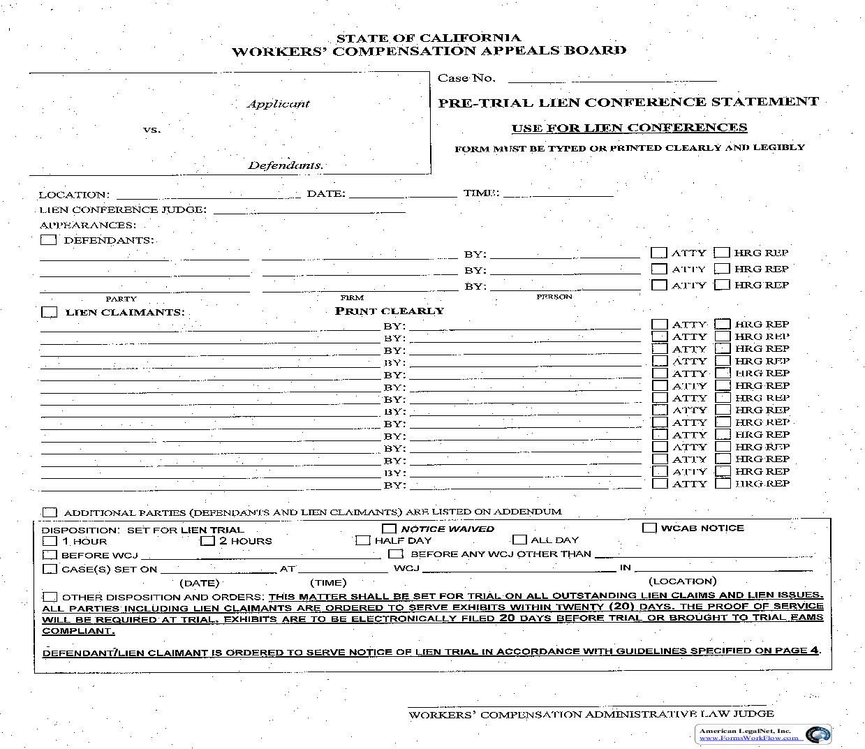 Pre-Trial Lien Conference Statement | Pdf Fpdf Doc Docx | California