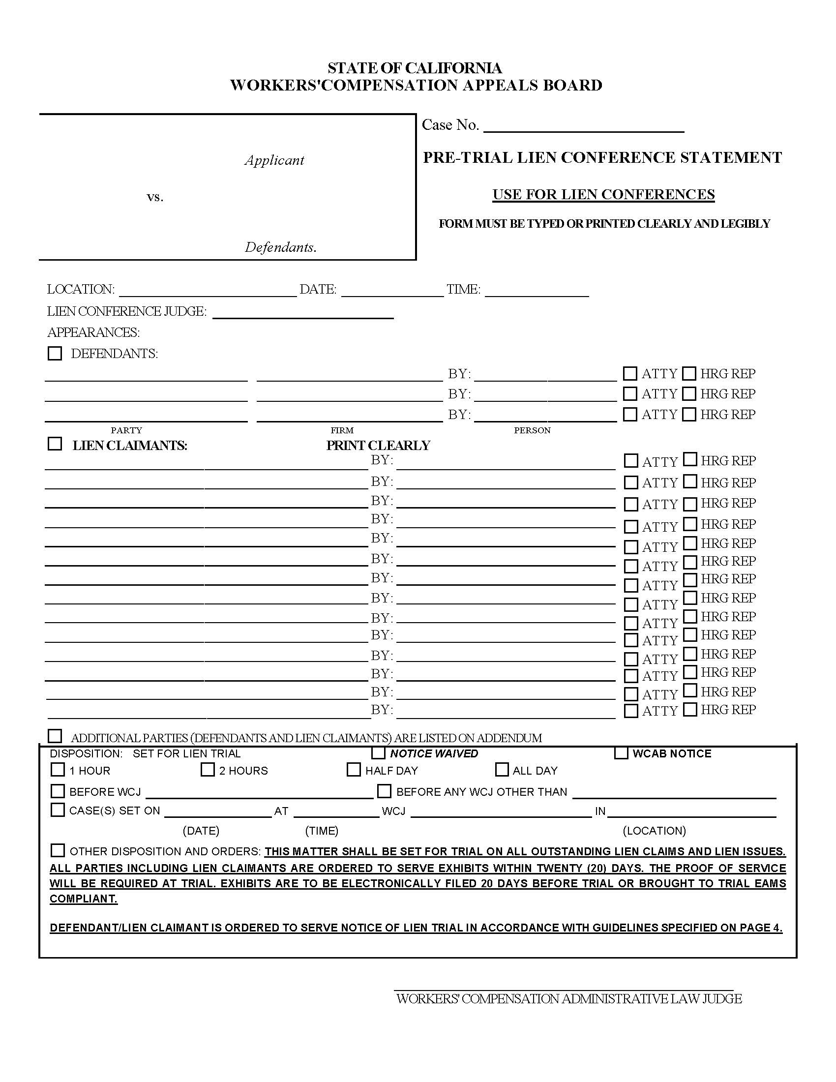 Pre-Trial Lien Conference Statement | Pdf Fpdf Doc Docx | California