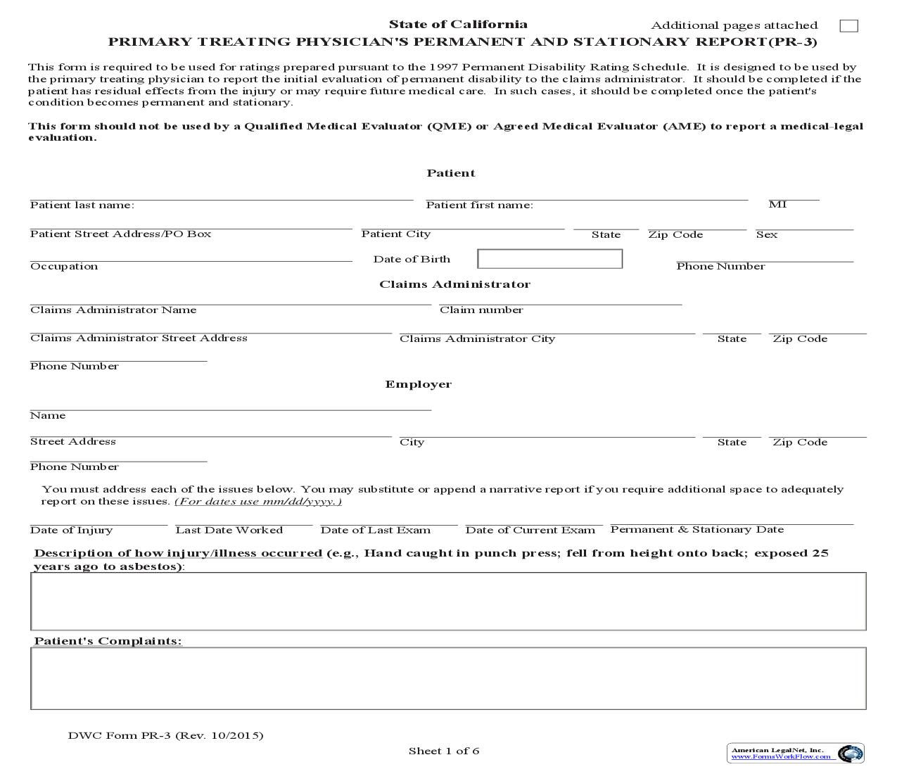 Primary Treating Physicians Permanent And Stationary Report {DWC-PR-3} | Pdf Fpdf Doc Docx | California