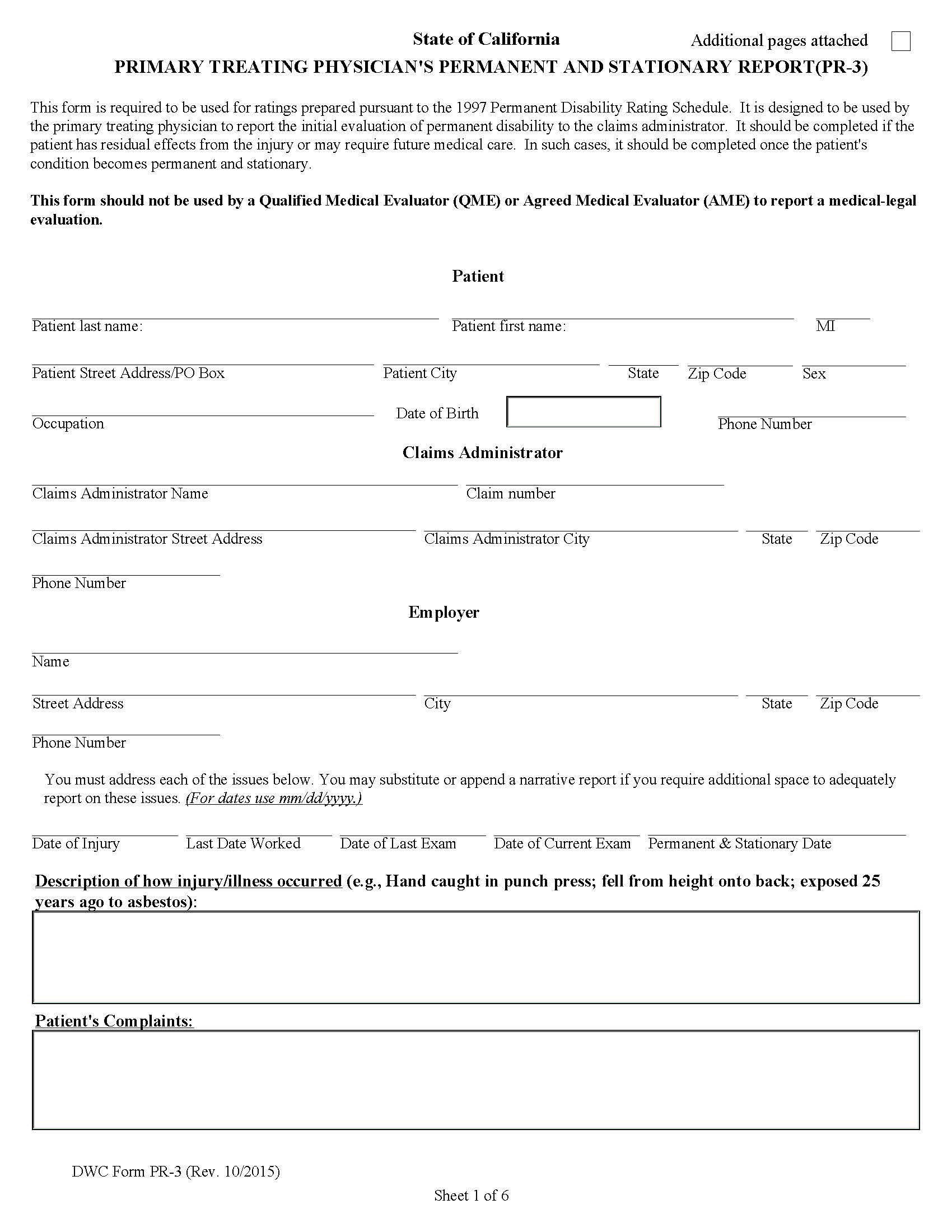 Primary Treating Physicians Permanent And Stationary Report {DWC-PR-3} | Pdf Fpdf Doc Docx | California