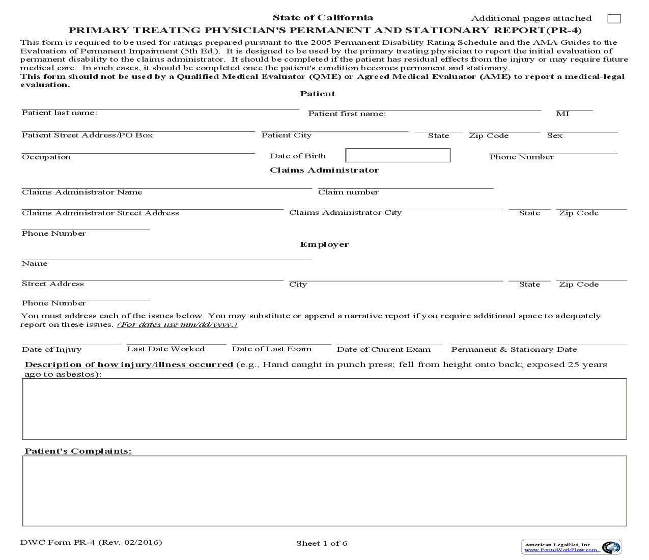 Primary Treating Physicians Permanent And Stationary Report (2005 Permanent Disability Rating Schedule) {DWC-PR-4} | Pdf Fpdf Doc Docx | California