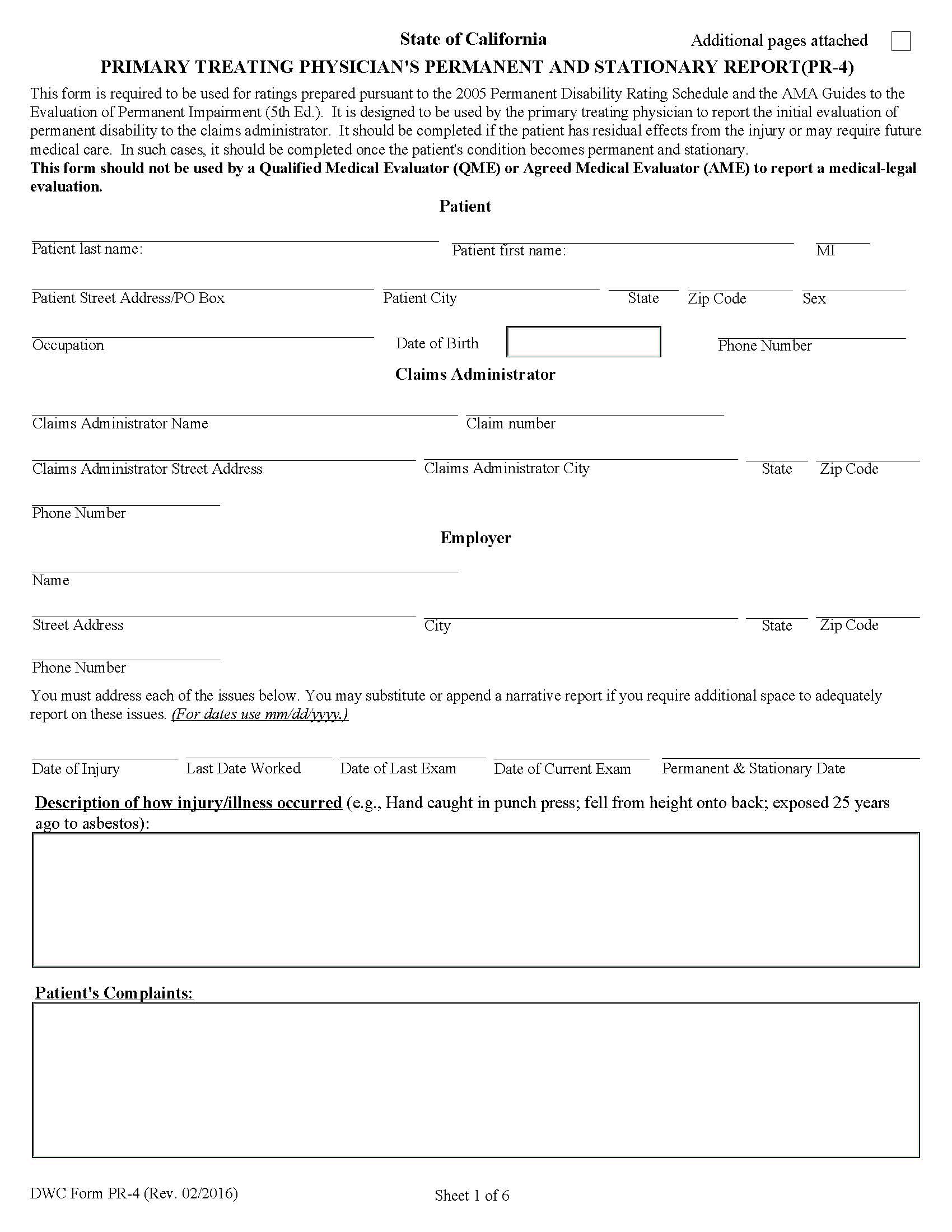 Primary Treating Physicians Permanent And Stationary Report (2005 Permanent Disability Rating Schedule) {DWC-PR-4} | Pdf Fpdf Doc Docx | California